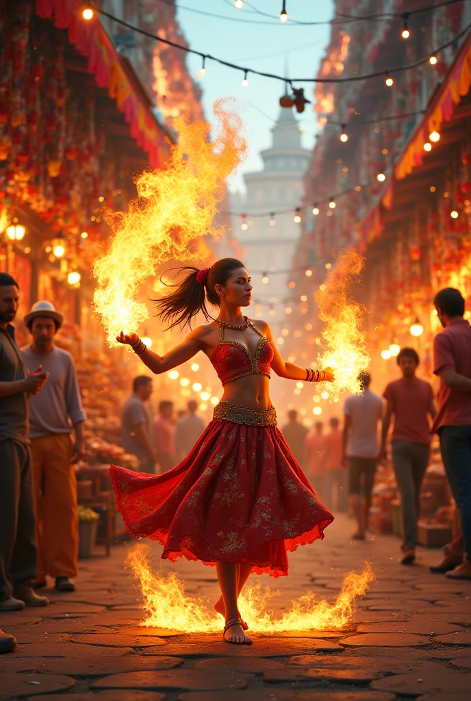 Women... Fiery and Cool.. In Full Action.. In Modern times. With India Illuminated in the backdrop. Dressed in Traditional Indian Saree..Flowing and glowing in morning sunrise. futurism . No extra limbs Hindu Temples in the Background.