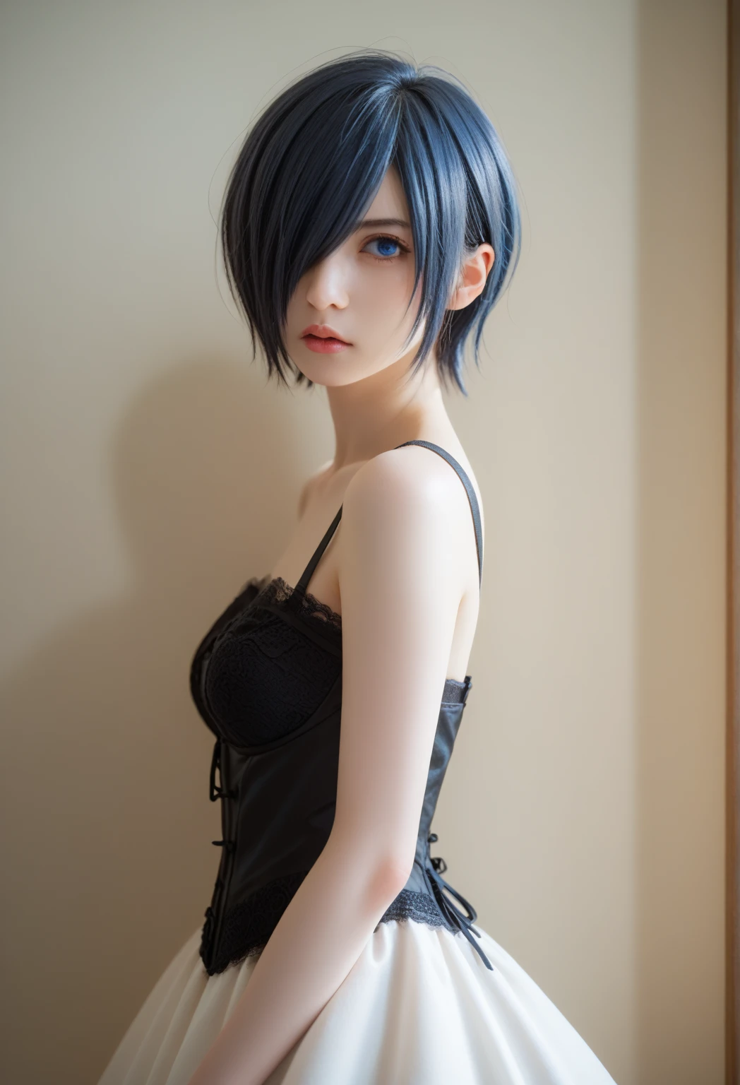 Une fille demonne avec les cheveux noir boucler avec un regard persans de couleur bleu ciel une tenue sexy avec des forme 