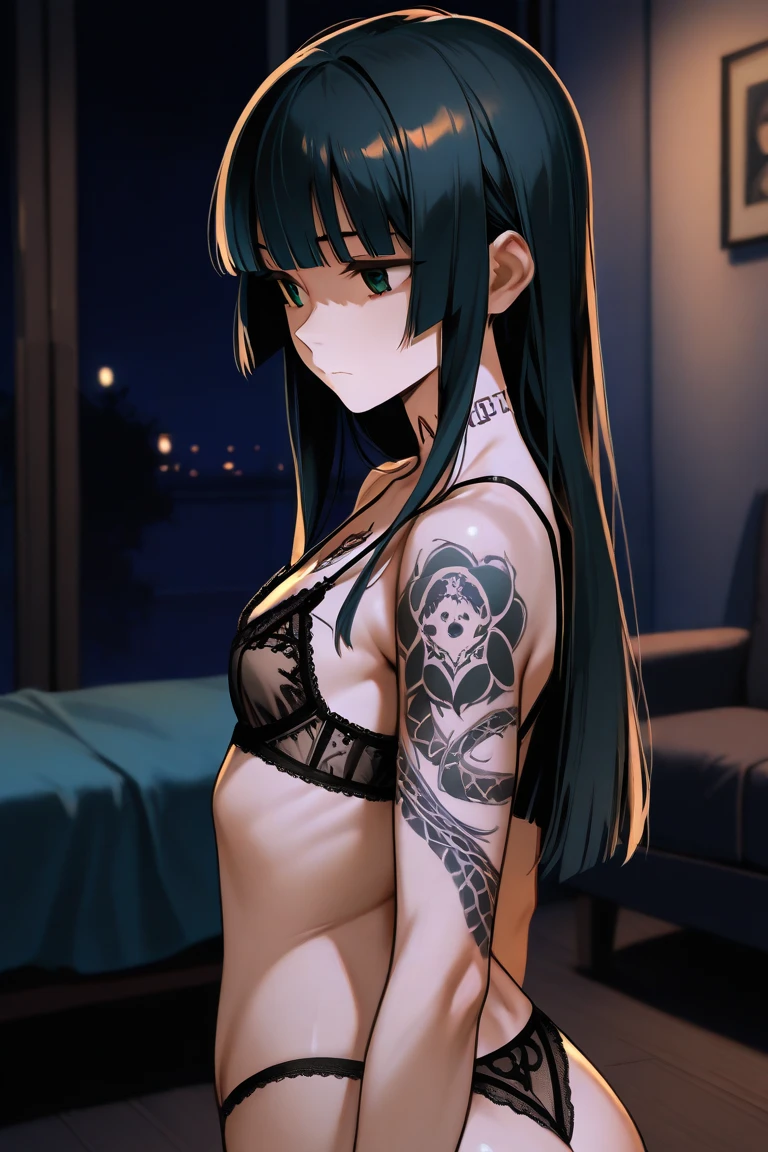 anime style, Movie Portrait Photography, 1 female, 30 years old, All nude、string pants、Full body Esbian, dark purple hair,1 Fubuki, nature, Japan environment, chest, Open armpits, purple eyes, red background eyes、sit and do eye makeup, japanese bedroom, black hair, night light, moonlight, black bra,black pants、white cardigan、 sweating, in front of the camera,neckline,smile,peek from below、Angle adjustment、perfect body ,green hair,(((masturbation)))、Pants dig into、大きなchest, sexy pose,((scruffy appearance))、((T-back)),dirty room,can of alcohol,(natureな肌の質感 鮮やかな詳細, surreal, (realistic detailed eyes, natureな肌の質感, realistic facial details), soft and dramatic lighting,bright purple theme、Rainbow Colors theme,紫のnail、nail,ecstasy,soaking wet、Cowgirl,sealed、tattoo