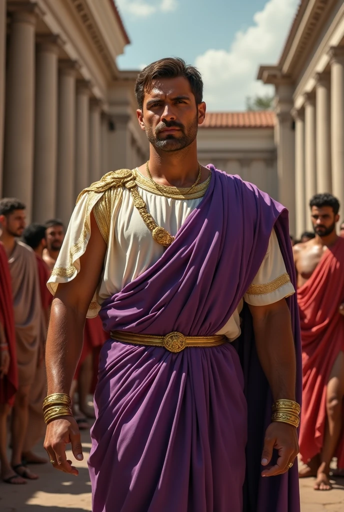 (photorealism:1.2), Galeno, a distinguished ancient physician, wearing a classic Roman toga with a laurel crown, in the historic city of Pergamum, standing proudly in front of a grand marble building, medium shot, hyper-realistic, photo realistic, cinematography ar—9:16