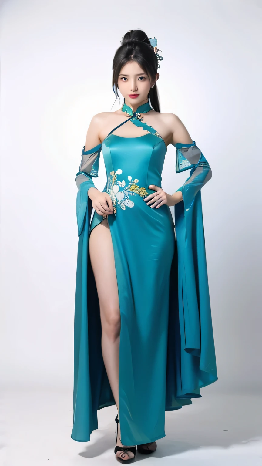 create a very realistic image of a beautiful woman with black hair, dark makeup around her eyes and metallic green lipstick wearing a long dress, nessa cor azul turquesa, very elegant she is a slender and very beautiful woman, her hair is straight and her eyes are green She is standing, The framing captures the entire woman from head to toe, Behind her is a wall completely covered with large dark green leaves., which highlights the color of her turquoise dress the woman is posing for a photo with a slight smile, a imagem precisa ser bem realista com qualidade profissional, highlighting the dark green color of the leaves that are on the wall behind the woman, e o azul turquesa do vestido que ela usa, To give a better view of her dress, the turquoise blue on the dress may start a little lighter at the top and gradually darken until it reaches her feet..