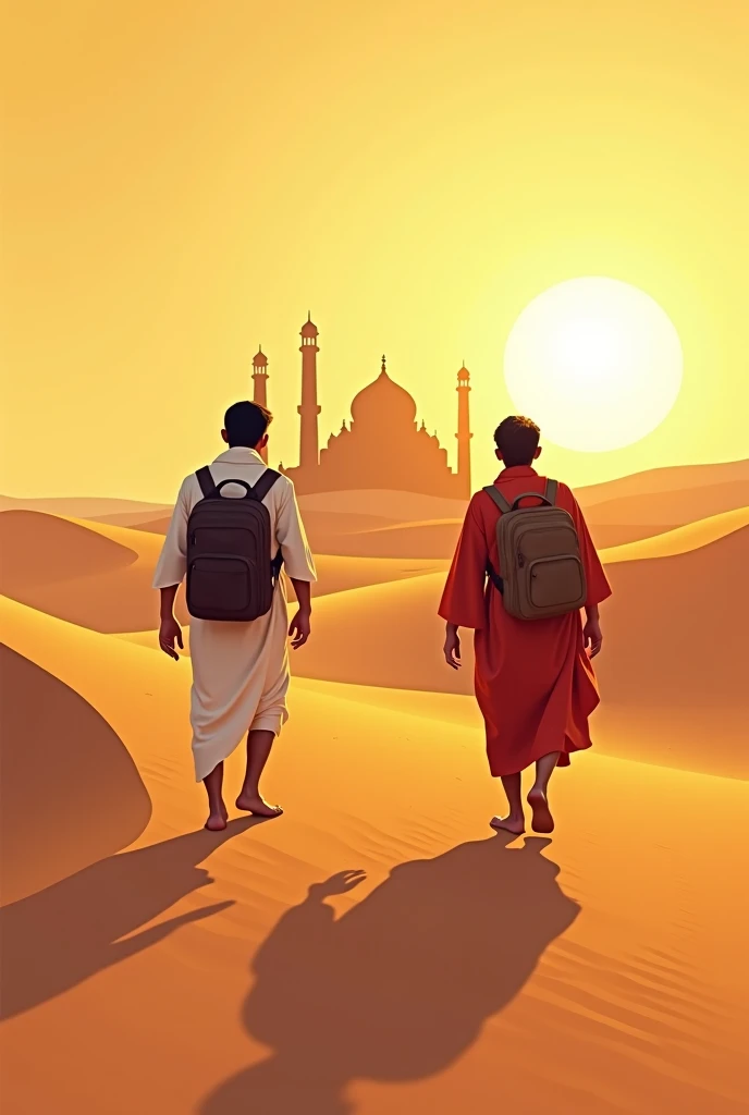 Two muslim man, walk in night, with lagage, one man tall, sandy place