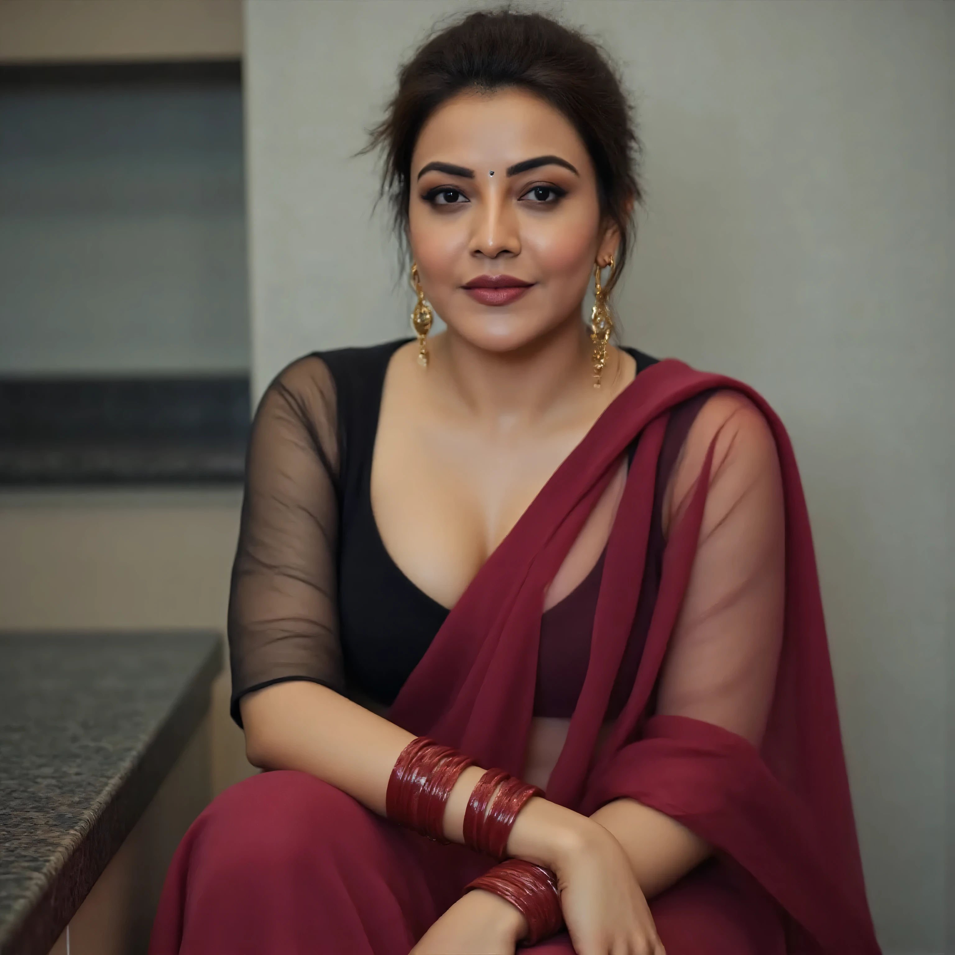 A realistic professional photographer by photo of a white skin fair Indian busty milf plump women is wearing transparent maroon colour saree with minimal design and low cut transparent black blouse, exposed, sits on kitchen counter and looking at viewer seductively, Large breasts, Breasts, long minimal design hanging earrings, very red shiny lipstick, very small red bindi, slightly chubby plump body, very black eye mascara, maroon bangles 10 on each hand, Masterpiece, High Resolution, Accurate, Award Winning, front view photo of girl , Masterpiece, Accurate, UHD