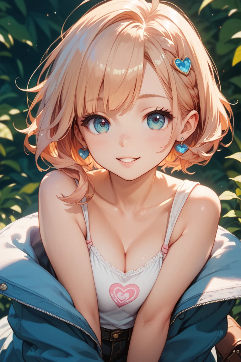 Face close-up、blonde、short hair、girl1、、smile、cherry blossoms、Waving、Light blue eyes、Open your mouth、Pink Lips、Off the shoulder、Large Breasts、Cleavage