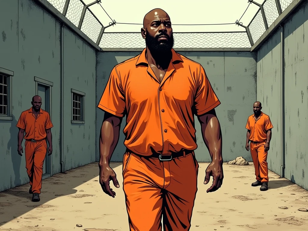 The silhouette of a robust man with a beard, specifically with a prisoner's pendant., by the wide. The image that is far away from the person's silhouette and is inside a prison well 
