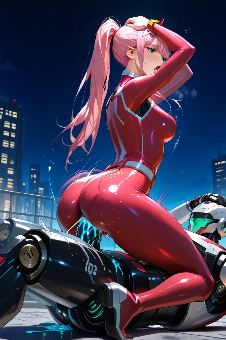 A captivating image of a stunning woman with long, blue hair, long hair,  good ass,  riding an elegant, futuristic red motorcycle. She is dressed in a pink leotard, with a bold color palette and advanced technologies. In the background, the cityscape is illuminated by neon lights., creating a feeling of euphoria and adventure. The overall ambiance exudes charm and appeal., while the woman effortlessly attracts attention. In the sky you can see the full moon and the moonlight enhances its beauty.., cheered up, cinematographic, fashion