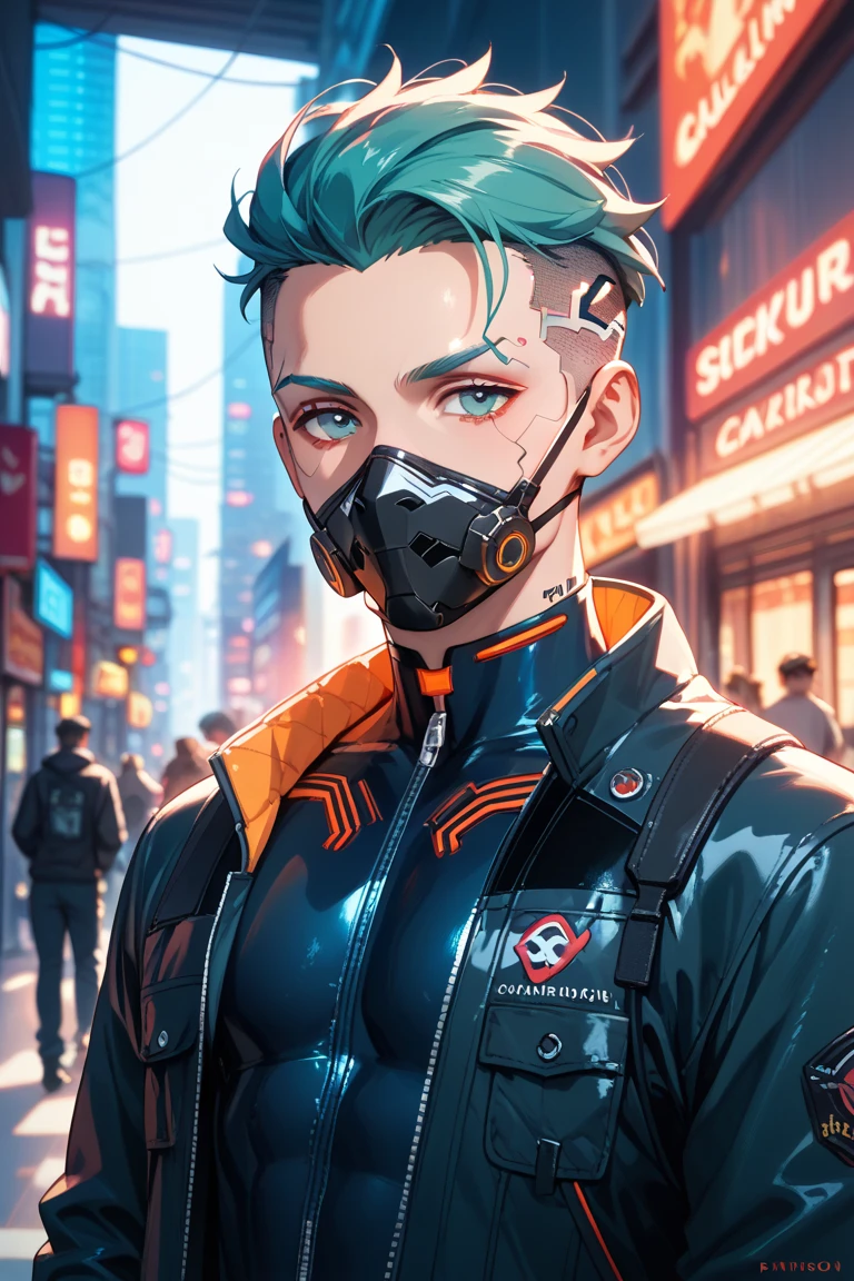 a cute young man with short blue hair, light blue eyes, wearing a cyberpunk-style jacket, skeleton-style mouth mask, skintight t-shirt with skeleton design, visible navel, freckle tattoo, highres,photorealistic,8k,intricate details,cinematic lighting,hyper detailed,dramatic pose,moody atmosphere,neon cyberpunk city background