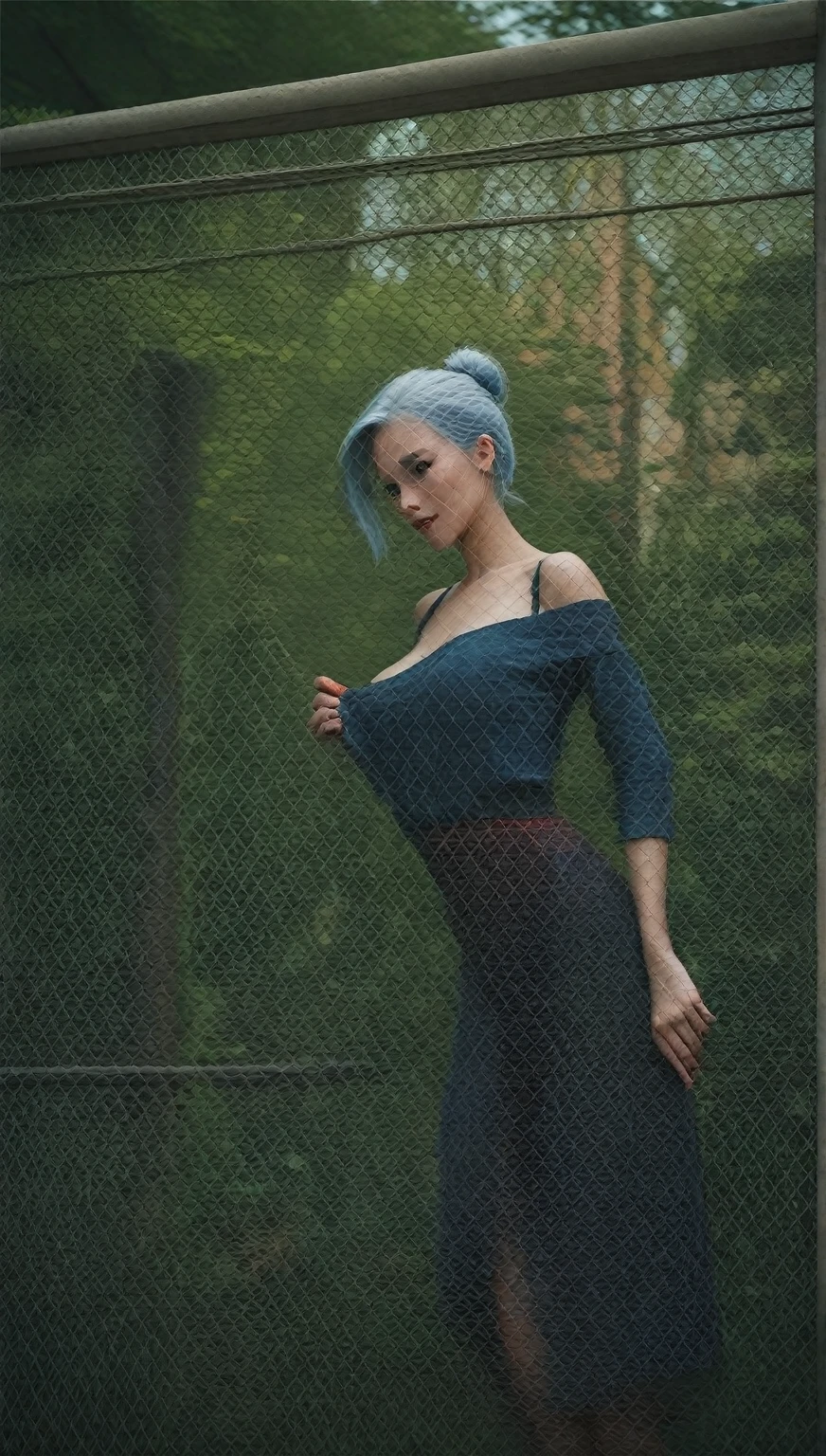 virgin body, round figure, short hair, blue hair, beautiful face, winter leaves, in Lothlorien, random view, soft lights, absurdres, Intricate Details, Masterpiece, Best Quality, High Resolution, 8k