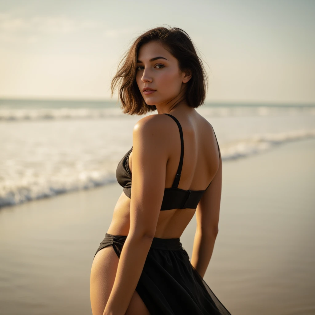 one beautiful woman, oval face, senseful lips, big brown eyes, 30 years old, slim sporty body, MIDDLE size breast, walking downa carribean beach, 4/5 body, viewer slightly from above, wearing beautiful stylish WHOLE BODY SWEIMSUIT, no text, SUNSETtime, backgorund blurred, sefie shot, cinematic lighting, motion blur, film grain, very detailed, 30 years, natural wave hair, dark brown eyes, wide angle, high-res, masterpiece, best quality, intricate details, highly detailed, sharp focus, detailed skin, realistic skin texture, texture, detailed eyes, professional, 4k, 85mm, shallow depth of field, kodak color vision, perfect fit body, extremely detailed, photo_\(ultra\), photorealistic, realistic, post-processing, maximum detail, roughness, real life, ultra realistic, photorealism, photography, 8k uhd, photography (grain of film) medium shot for closeup shot, longer slimer face, perfect face, hands are hidden from the image