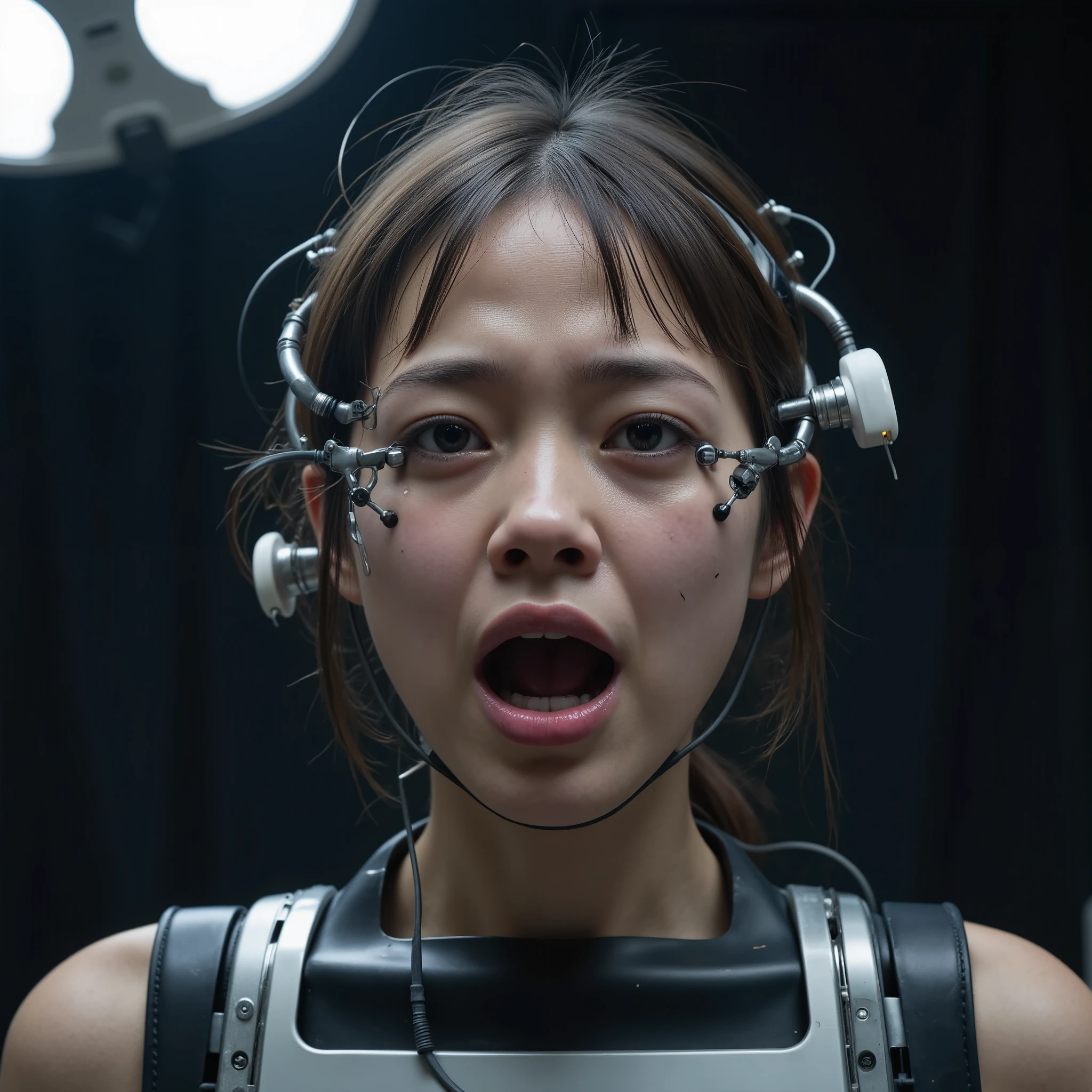 Masterpiece alien abduction and braincontrol photo, photorealistic close up portrait of a young extremely anxious japanese girl (((((((looking into camera in maximum mortal fear and panic, extremely horrified distorted face, wide open mouth crying, wide open desperate eyes, corners of mouth down, wrinkled brow, frown, tears running over face))))))), (((((far advanced technology metal EEG-device and robotic electroshock headgear with integrated big electrodes, big plugs and thick electric cables in a brutal futuristic style))))), sitting in dentist's chair, ((((frontal lighted by bright white spotlight from an surgical lamp)))), dark laboratory background, (((hyper detailed))), UHD, 32K