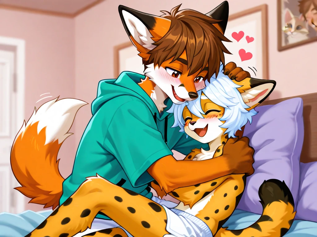 A young cub cheetah with green eyes cuddling an arctic wolf with blue eyes in a sofa. Small bulge, undies, male/male, multiple character, gay, Kenket