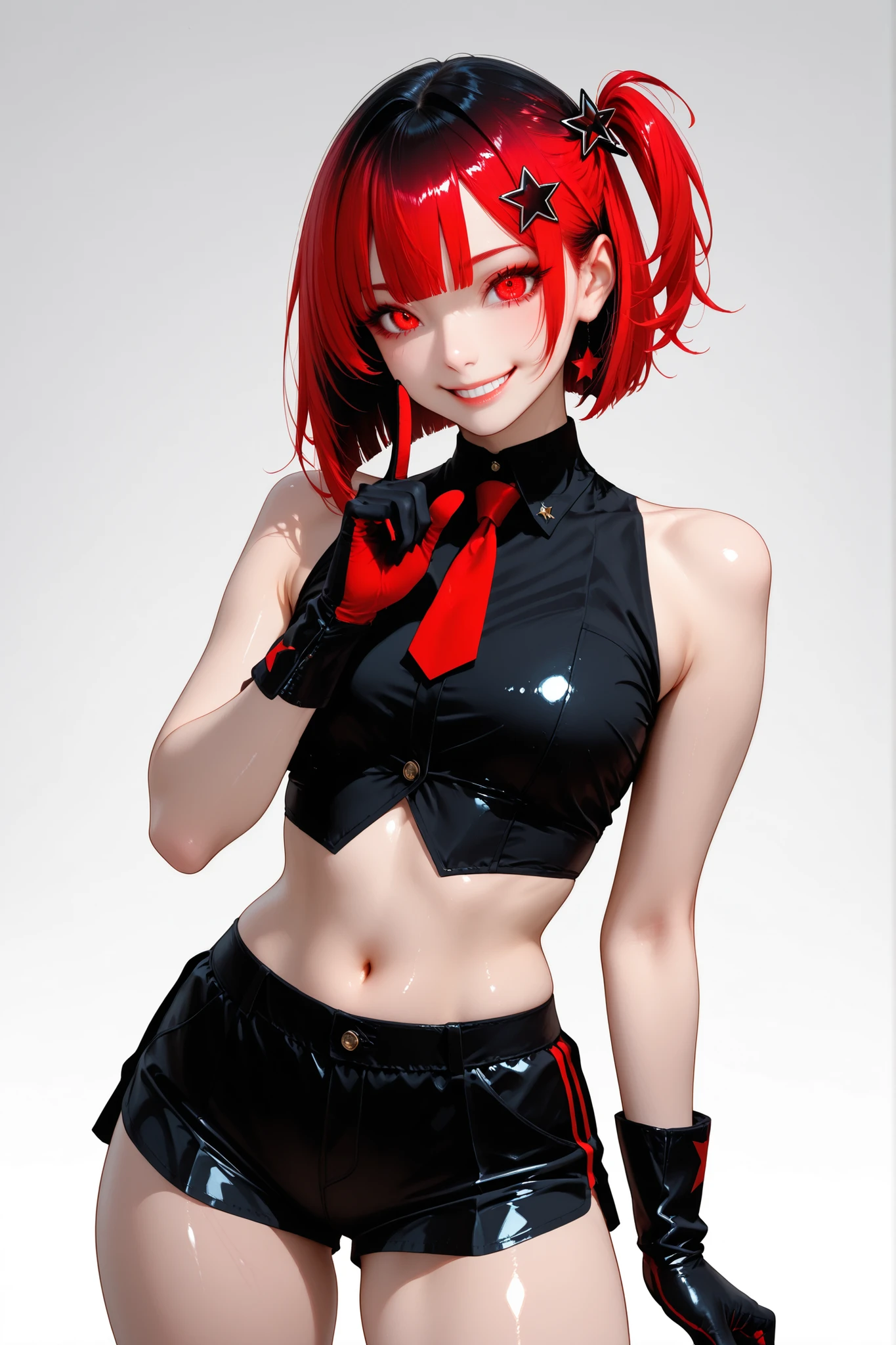 woman、one side up hair、transparent_background、sexy、sleeveless cut and sew、shorts、Red color eyes、Red highlight hair、black color hair、tie、blazer、smile、shiny hair、star shaped hair pin、peace sign、colored_eyelashes、sharp eyes、supright straddle、back、wearing elegant gloves、her index finger extended in a ‘shh’ gesture、全裸
