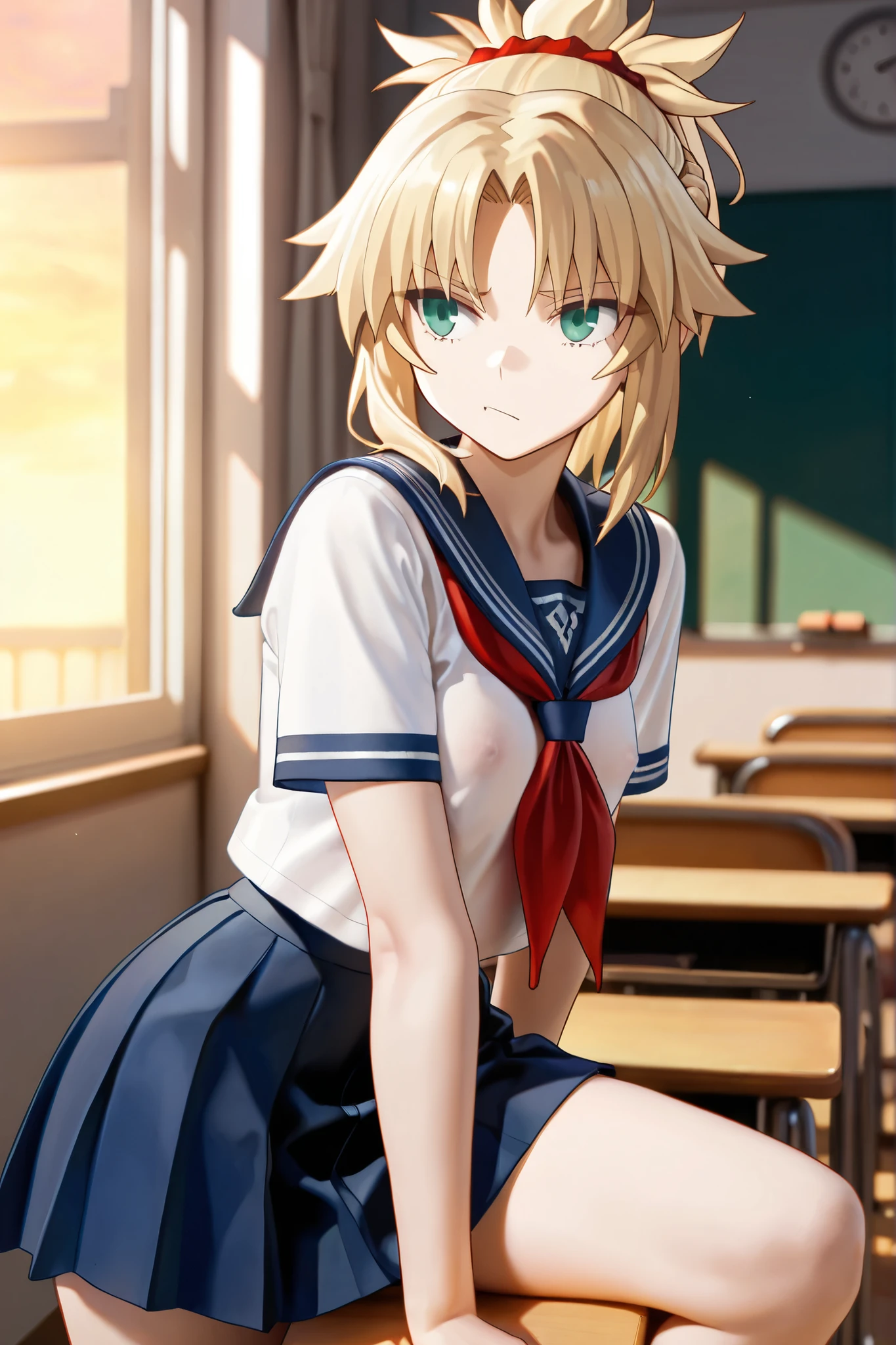 hedyeh_lvsb, blonde hair, white sailor dress, classroom, skirt, hair over eyes, dark skin, blue eyes, <lora:hedyeh_lvsb_v1:0.8>, masterpiece, best quality