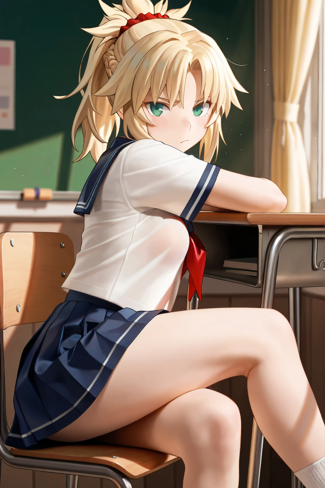 {best quality}. {very aesthetic}. {ultra-detailed}, {best illustration}, nsfw、cum overflow、from behind、all fours、doggystyle,、sex from behind、bodysuit、blush,angry、bottomless、serafuku, pleated skirt, sailor collar, white shirt、Stinking eyes、Girl looking back、Confused eyes、angry、angryった顔、Glare、Baby Face、Semen、shame、Constraints、White skin、Yellow Hair、Blue Eyes、Focus on the butt、Take a closer look