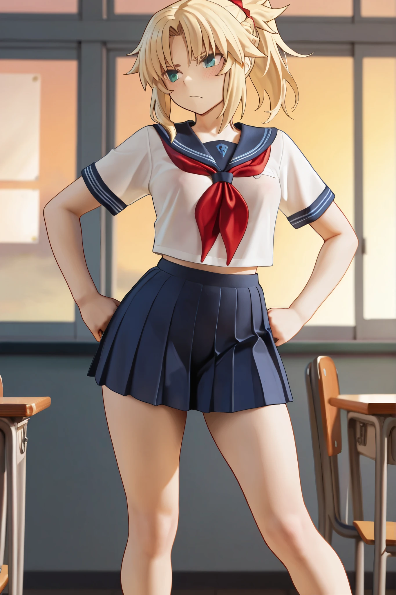 masterpiece, best quality, highres, us1, blonde hair, purple eyes, school uniform, white shirt, blue skirt, neckerchief, white socks, pleated skirt, long sleeves, standing, cowboy shot,upskirt, pink panties, cute panties