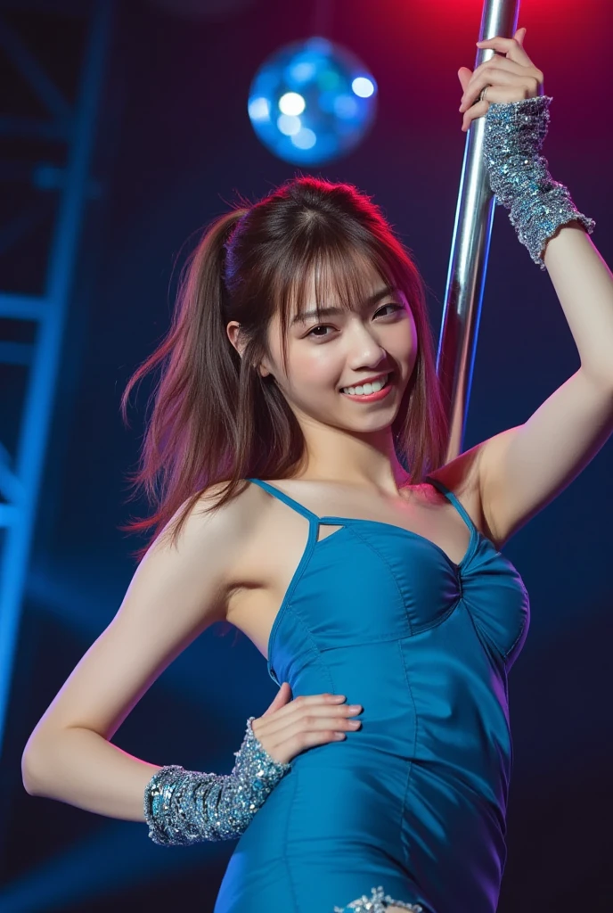 close up face,standing on stage,Blue colored long dress with lots of ruffles,One woman,masutepiece, The highest image quality, High quality, the background is clear,Beautiful woman, Japanese, Detailed, Detailed eyes, Detailed skin, Beautiful skin, 超hight resolution, (reality: 1.4),Very beautiful woman, Slightly younger face, Beautiful skin, slender, (Ultra photo realsisim), (hight resolution), (8K), (Very detailed) (beautifully detailed eyes), (super detailed), (Detailed face), view the viewer, Fine details, Detailed face, Staring straight ahead, Staring straight ahead, photos realistic, Bright lighting, Professional Lighting, Black hair,poneyTail,a baby face,fifteen years old,Hairstyle is ponytail,long ponytail hairstyle,slight smile,neat and tidy clothing,Beautiful Japanese KPOP idol photo, hair style is ponytail, my eyes are double and wide, baby face, smile and look straight ahead, slender, small breasts,Blue ribbon on head,