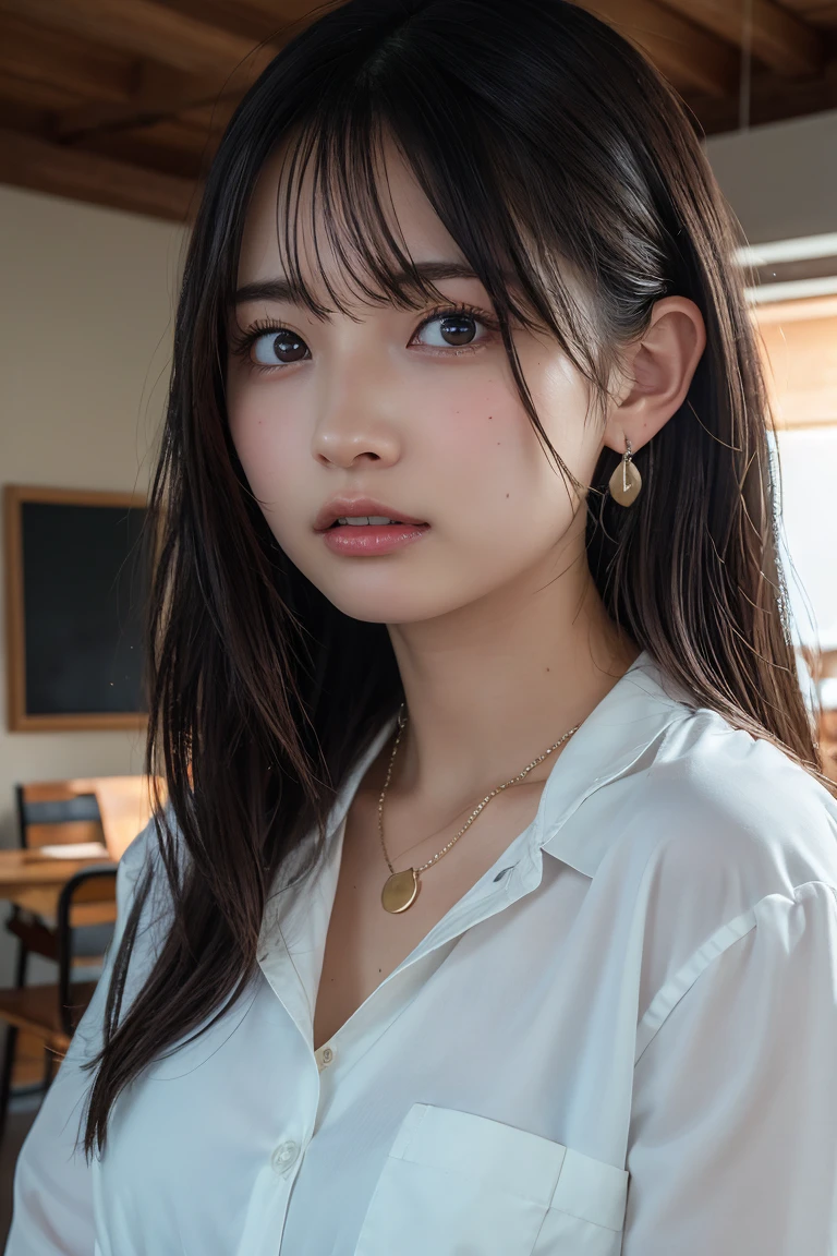 High Quality, High Resolution, (Photorealistic: 1.4), 1 Girl, (Black Hair: 1), (Small Breasts: 1.6), Close-up, Inside the Room, White Short Sleeved Shirt, (T-Shirt: 1.3)