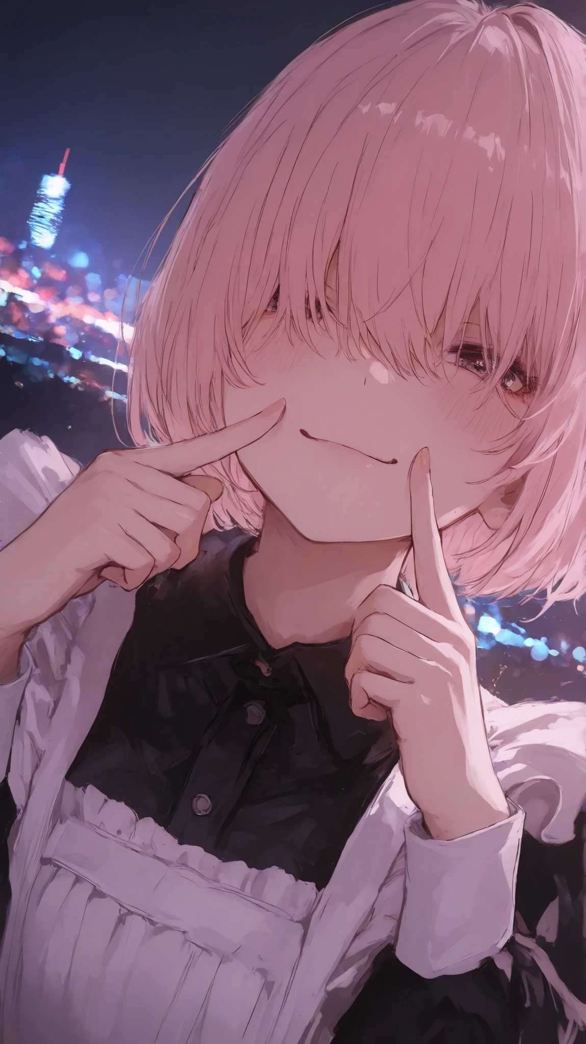 8k Wallpaper、 masterpiece、 Best Quality、 absurd, newest, Womens 1 、((Aisaka Taiga,Toradora))Light pink hair 、wolf cut hair ,hair over eyes, no eyes,gothic maid outfit , beautiful eyes、fingersmile 、 beautiful feet,night city background 、masterpiece, High detail, upper body、. smile、masterpiece, Amazing Picture Quality , super high image quality、 newest, Scenery, Volume Lighting、Wide-angle view of the whole body,The atmosphere is dreamy and ethereal.super fine illustration, highly detailed, dynamic angle, beautiful detailed, 8k,135mm f1.0 fixed focal length lens
Soft Focus on the Foreground, Bokeh-filled Foreground, Shallow Depth of Field, Delicate Blur, Subtle Transitions, Depth and Atmosphere,