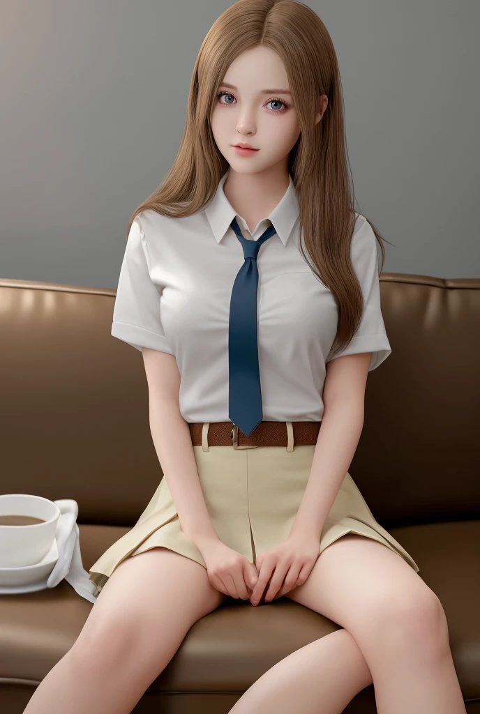 (8ก,high resolution,Masterpiece, best quality, alone, complicated details, Chromatic aberration), realistic, ((Moderate breath)), hair in one eye,purple eyes, big round hoop earrings, sharp eyes, Diamond choker, red gemstone necklace,(symmetrical eyes),(Perfect symmetrical body),Photo of a beautiful 21 year old teenage girl......,(fit the body), ,Beautiful and charming with contemporary fashion paintings as well.........., looking at the audience, ((Behind the scenes of a large classroom)), (black short skirt), ((The young woman wore a form-fitting white short-sleeved shirt......., unbuttoned, Revealing breasts)), ((A short black pencil skirt with a deep slit on the side........)), belt, ((Put your hands down.)),Bob, long hair, Side flatness,,Copper blonde hair, sit, sharp eyeliner, Eye shadow blush with thick eyelashes, Very delicate and beautiful, round chin, Sharp focus, elegant,sit fully on the study table Turn your head with your legs open at eye level., Open your legs and lift your right leg over your left leg.., Let it rest naturally at eye level..., Separate your legs slightly.... dynamic gesture, University outfit, (((Revealing underwear)))