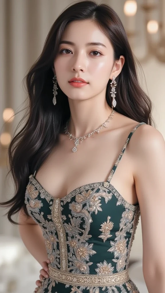 (8k, RAW photo, best quality, masterpiece:1.2), (realistic, photo-realistic:1.37),1girl, dress, green eyes, long hair, ultra detail cloth, beautiful decoration on dress,
