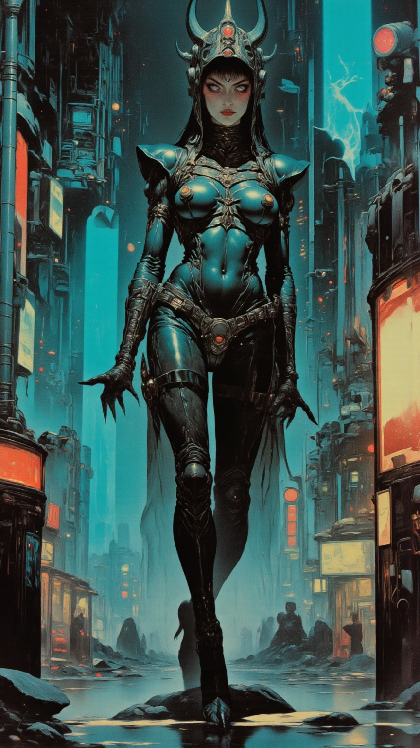 Chopped shot, a very sexy woman with metal wings, mechanical wings, flies over an impressive futuristic city.(art inspired in Bill Sienkiewicz). oil painting) 