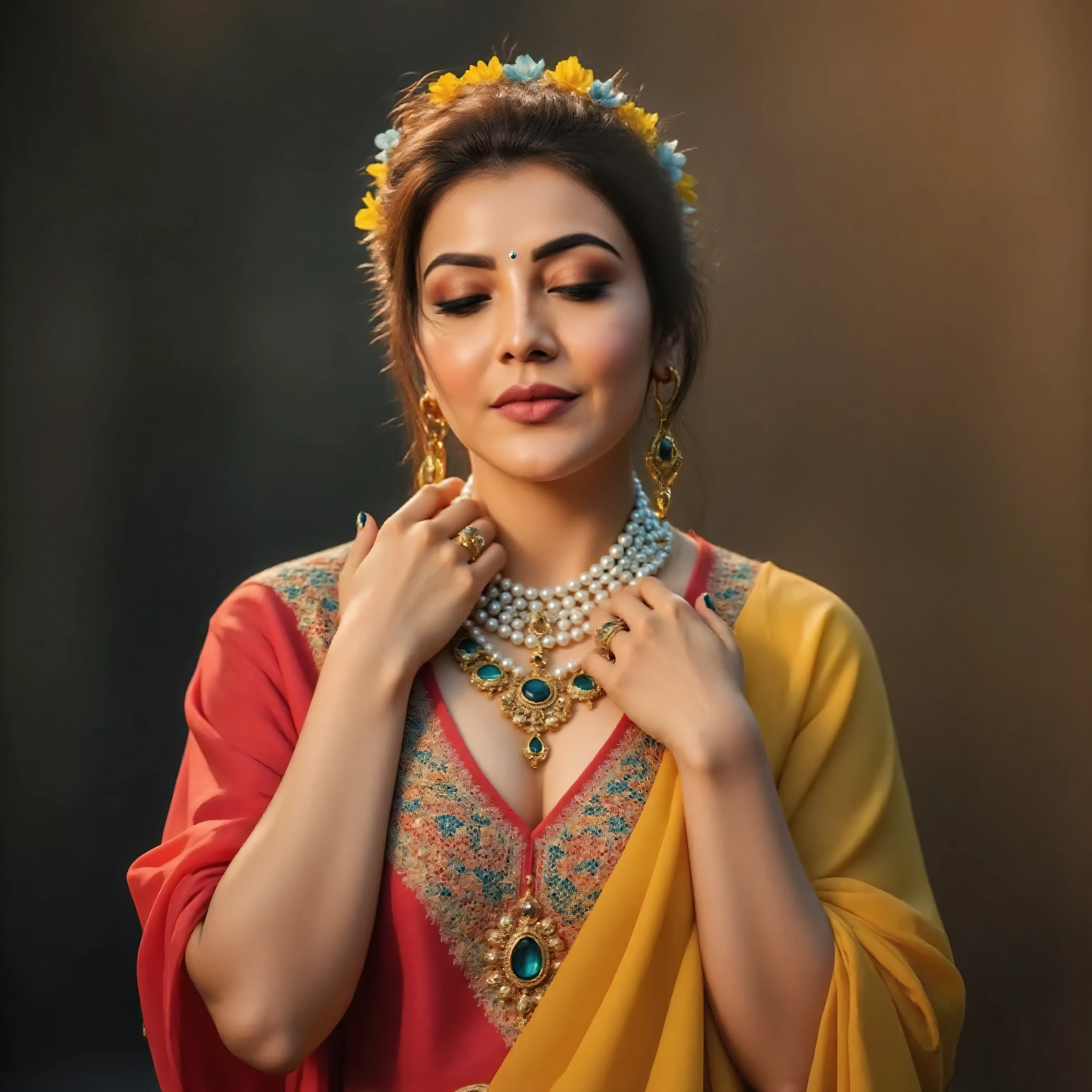A stunning woman dressed as Radha, adorned in intricate floral jewelry with yellow and blue flowers, delicate pearl chains, and beads. She has golden eye makeup, a bold red bindi, and an artistic face design inspired by Indian bridal and devotional aesthetics. Her body is curvy with large breasts, revealing cleavage and necklace. Her outfit is a traditional, vibrant saree in shades of yellow and red with intricate embroidery. She poses gracefully with her eyes closed, her fingers lightly touching her lips in an elegant and serene expression. The background is softly blurred with warm lighting, creating a divine and ethereal atmosphere. The image should have high detail, soft shadows, and a professional photography feel.