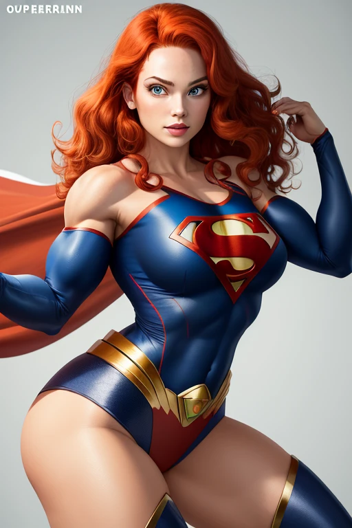 une femme de 25 ans, rousse, sexy, romantic smile, HD, 88k, masterpiece, a lot of details, superman cosplay, sexy, lingerie, cape
