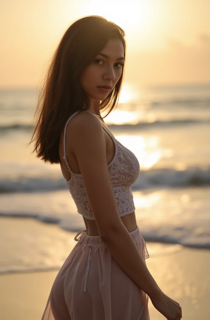 Photographie haute résolution d'une belle femme latine sexy aux cheveux bruns courts, bel éclairage, jolie robe, bas courts avec porte-jarretelles, regard charmant devant la caméra, modèle instagram, magnifique brune, femme sportive, mannequin, Bord de plage, vacances