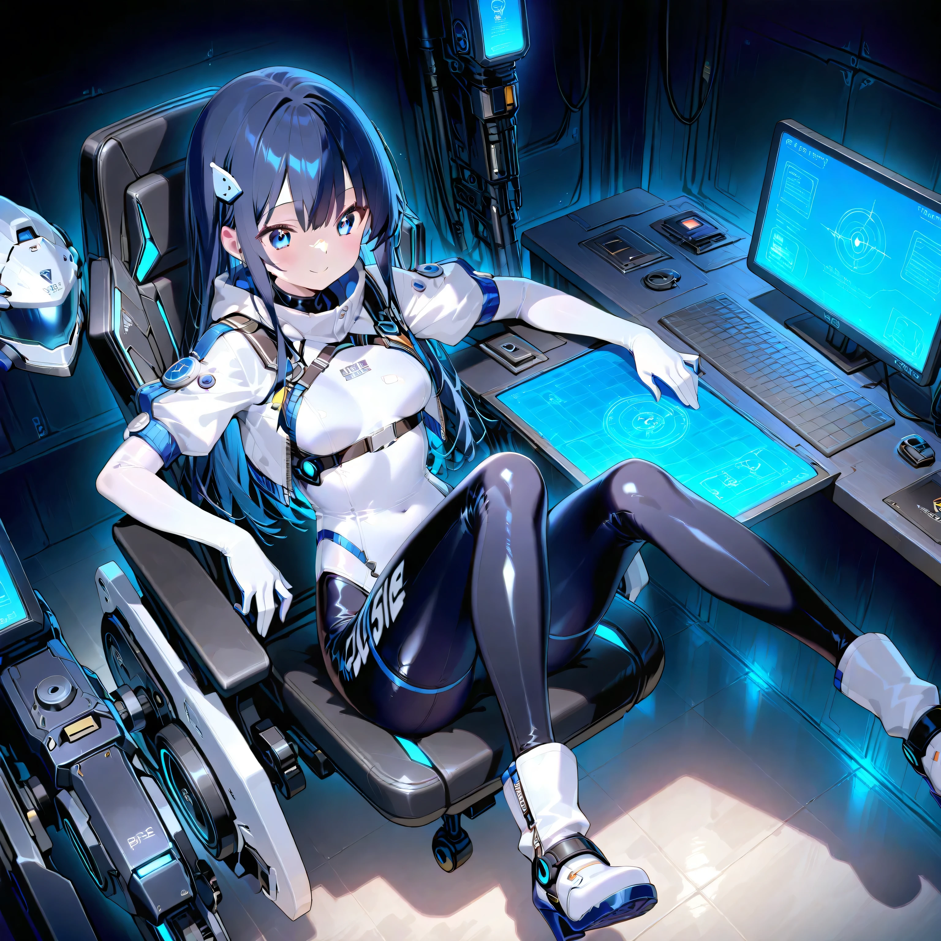 {1 woman},{{{{{masutepiece++, Best Quality++, Ultra-detailed+, 超A high resolution,(Photorealistic:1.4),Yol Forger, (spy x family)Raw photo,(Yol Forger)+,(Yol Forger)+, (spy x family) deadpan, Black hair, Red Eyes ,鎖骨, side locks, white hairband, earrings, Short hair((Girl in black latex full body suit 1.6)),very aesthetic, Best Quality, absurderes, 1girl in, Brainwashed,}}}} Empty eyes, ((Colossal tits:1.1)), The shape of is clearly visible、(The shape of the pubic area is clearly visible))、Cyberpunk, Dark Lab, darkened room,(Neon light:1.2), (Night:1.5),(Brainwashed)、(brainwashing device and)、((femele'Both eyes are hidden by a futuristic head-mounted display connected to the machine by a cord..))、(sitting in a futuristic chair)、((Spread your knees apart)),((low angles))