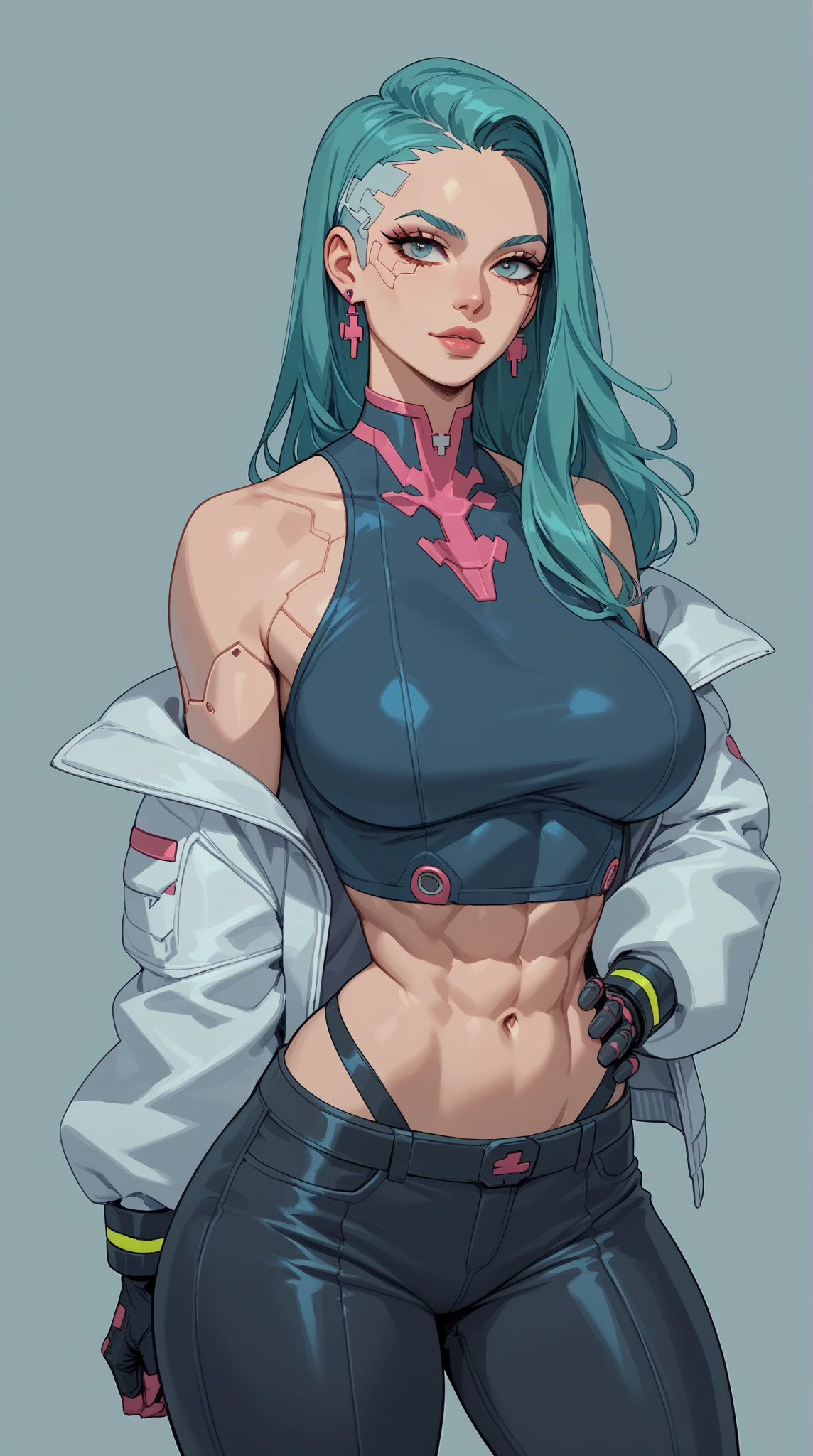 beautiful cyberpunk girl wearing a futuristic head mounted display,  (finely detailed skin), pale skin, (in a deep neckline highly detailed ???? futuristic cyberpunk black crop top and underpants made of circuit boards, cybernetics, japanese words with a flare effect, beautiful epic composition, futuristic, masterpiece, sensual, appealing, posing for a photo