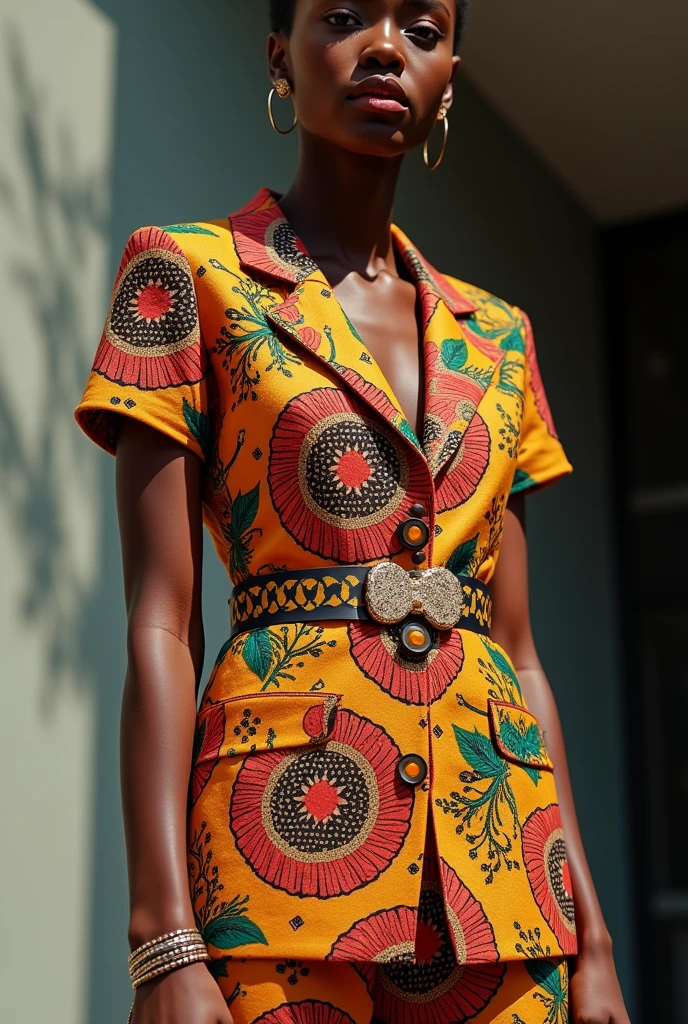 Create an elegant and beautiful African American woman with her hair in a neat updo, immaculately done makeup, thick wispy eyelashes, Diamond accessories. She is wearing a yellow oversized cutaway orchid appliqué covered collar neckline of a yellow avant-garde sleeveless jumpsuit with orchid, green philodendron, and a paradise floral print with Diamond encrusted stilettos. She is holding a mini yellow clutch purse,the background is green and orange ombré.