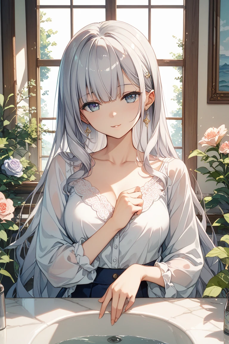 masterpiece、Highest quality、High resolution、High-quality images、8K, 17-year-old girl、Skin Radiance、Texture of skin and clothing、Expression of fine eyes、Shining silver hair、Long Hair Girl、dress, Beautiful light yellow eyes, Fuller lips, Gorgeous face with attention to detail, (Cute Smile), charm, Innocent, Side view, (Perfectly detailed face), (Beautiful Hands) Photorealistic images, Written boundary depth, flower、sun、Big Breasts、garden、、Feather ornament、White clothes、goddess