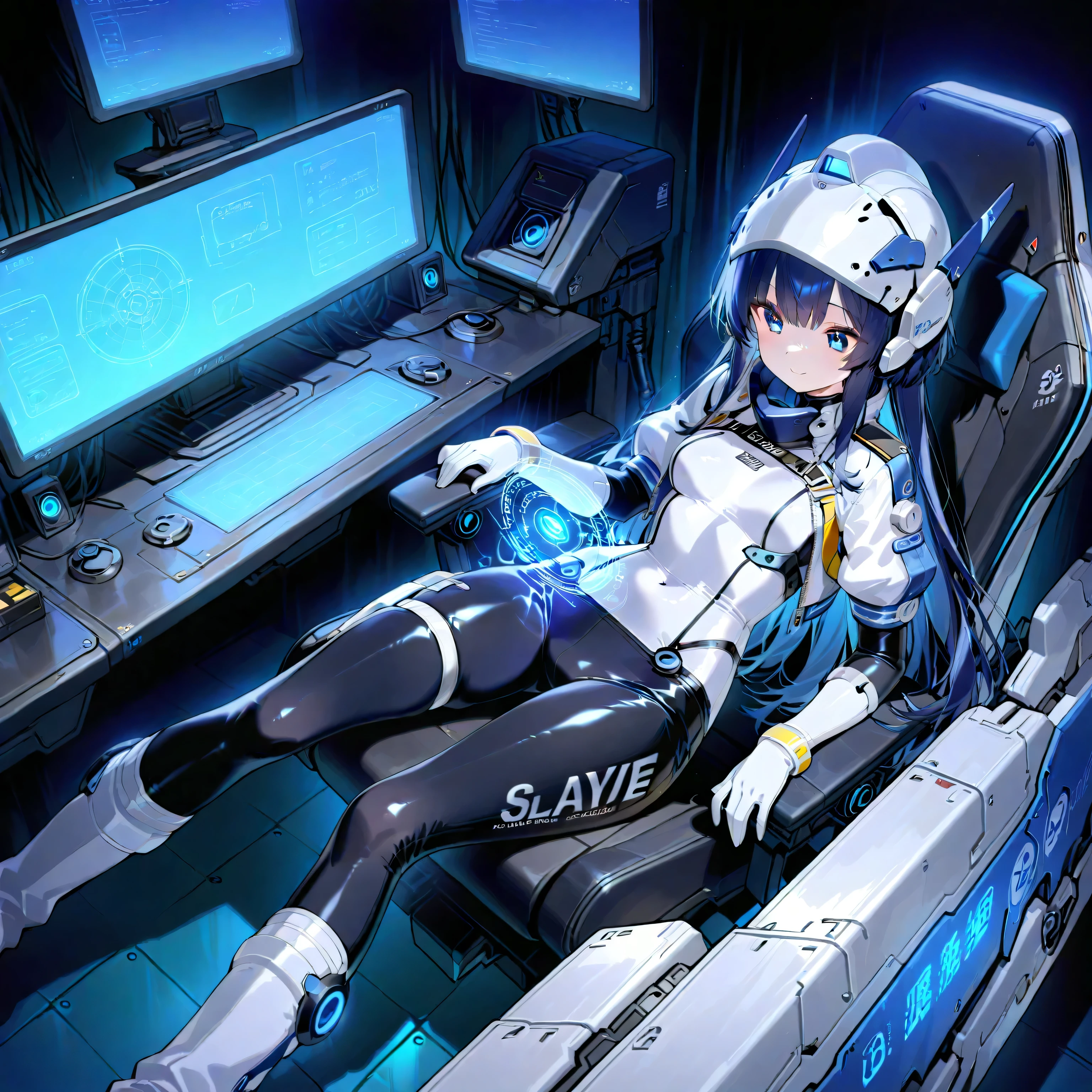 (( holographic glossy effect)),(masterpiece、Best Quality、highest resolution、 clear _ images、 Detailed Details 、 The angle is from above ): (solo、one girl、the face of Japan、Dark Blue Haired Girl 、small breasts、(perfect body:1.4)、 sparkling blue eyes 、( White and Navy Shiny Clothes 、White and navy bodysuit、 White and Navy Blue Tight Clothes 、 Wear White and Navy Full Coverage 、 White and Navy Thigh Covering Pants 、White and Navy Shoulder Cover Outfit、 White and Navy Cropped Jacket 、 White and Navy Shiny Clothes 、dark blue tight-fitting pants that hide legs、 hide skin 、Armor to hide the chest、Biological Amplifiers, Refined Armor, Refined futuristic wartime helmet, )、very delicate and beautiful、detailed skins、slender body、exoskeleton、cute、kind smile、soft expression、Heroine、white and navy blue long hard boots、 elbow length gloves )、Futuristic suspended cockpit with blue glowing line decoration,action,sci-fi,Polished floor、An all-weather screen with intricate graphs showing flight-related parameters