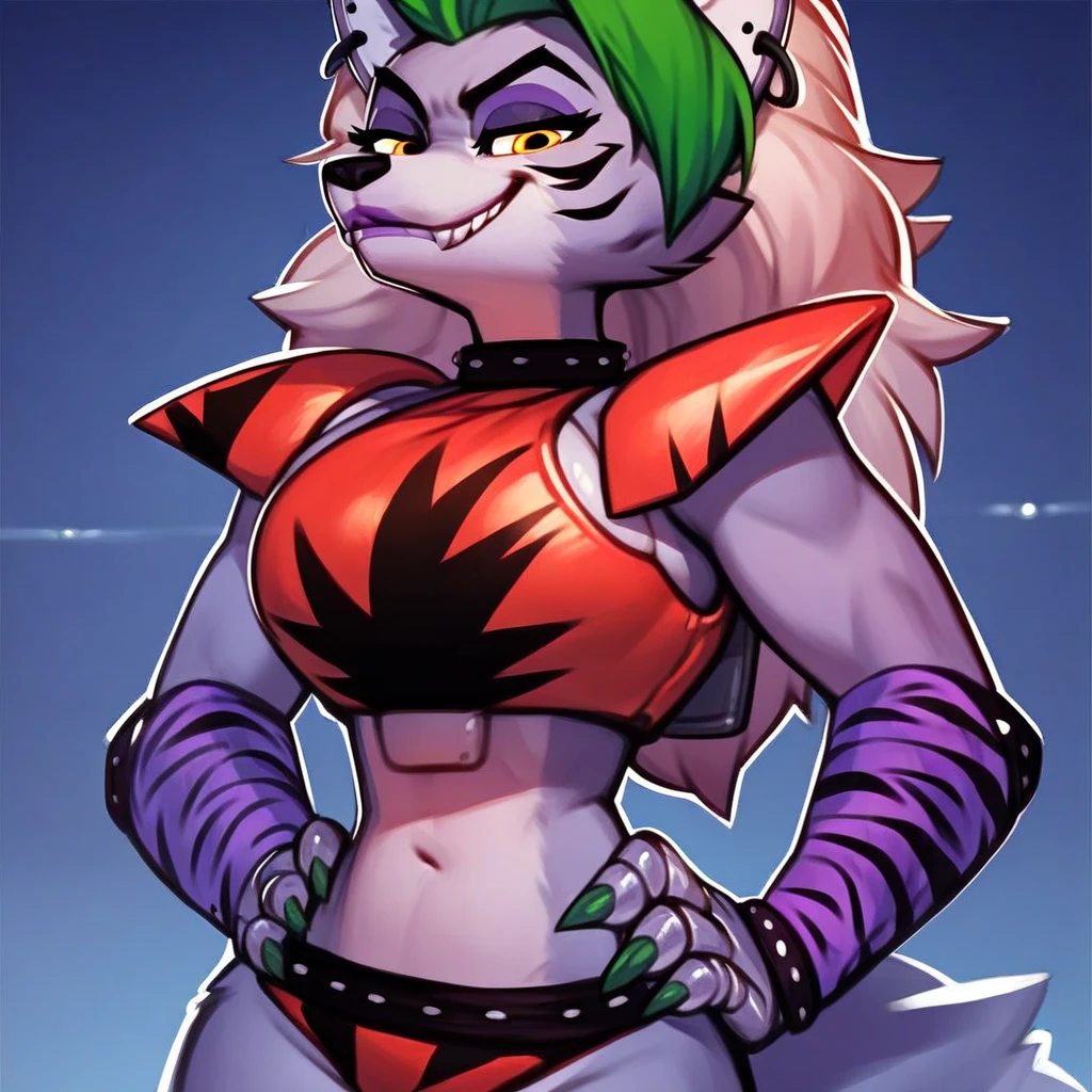 fnafroxanne, furry female, body fur, makeup, wolf ears, wolf tail, crop top, big breasts, purple lipstick, collar, spikes, jewelry, ear piercing, bracelet, yellow eyes, detailed eyes, 3DMM, gray hair, green hair, make sure to look for a roxanne model, naked boobs, naked girl, big boobs, sexy, sex, fup, fuping, cum, cuming