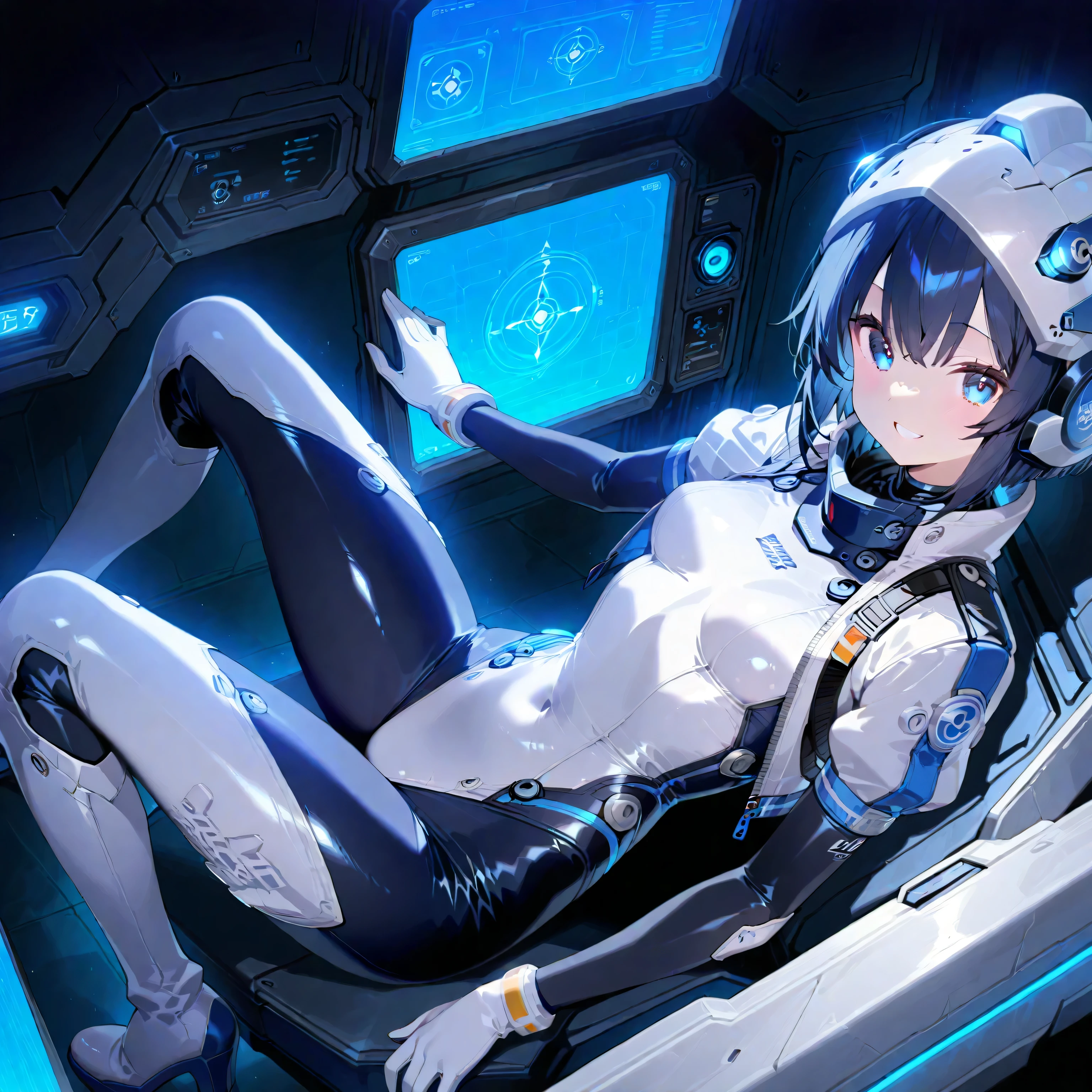 (( holographic glossy effect)),(masterpiece、Best Quality、highest resolution、 clear _ images、 Detailed Details 、 The angle is from above ): (solo、one girl、the face of Japan、Dark Blue Haired Girl 、small breasts、(perfect body:1.4)、 sparkling blue eyes 、( White and Navy Shiny Clothes 、White and navy bodysuit、 White and Navy Blue Tight Clothes 、 Wear White and Navy Full Coverage 、 White and Navy Thigh Covering Pants 、White and Navy Shoulder Cover Outfit、 White and Navy Cropped Jacket 、 White and Navy Shiny Clothes 、dark blue tight-fitting pants that hide legs、 hide skin 、Armor to hide the chest、Biological Amplifiers, Refined Armor, Refined futuristic wartime helmet, )、very delicate and beautiful、detailed skins、slender body、exoskeleton、cute、kind smile、soft expression、Heroine、white and navy blue long hard boots、 elbow length gloves )、Futuristic suspended cockpit with blue glowing line decoration,action,sci-fi,Polished floor、An all-weather screen with intricate graphs showing flight-related parameters