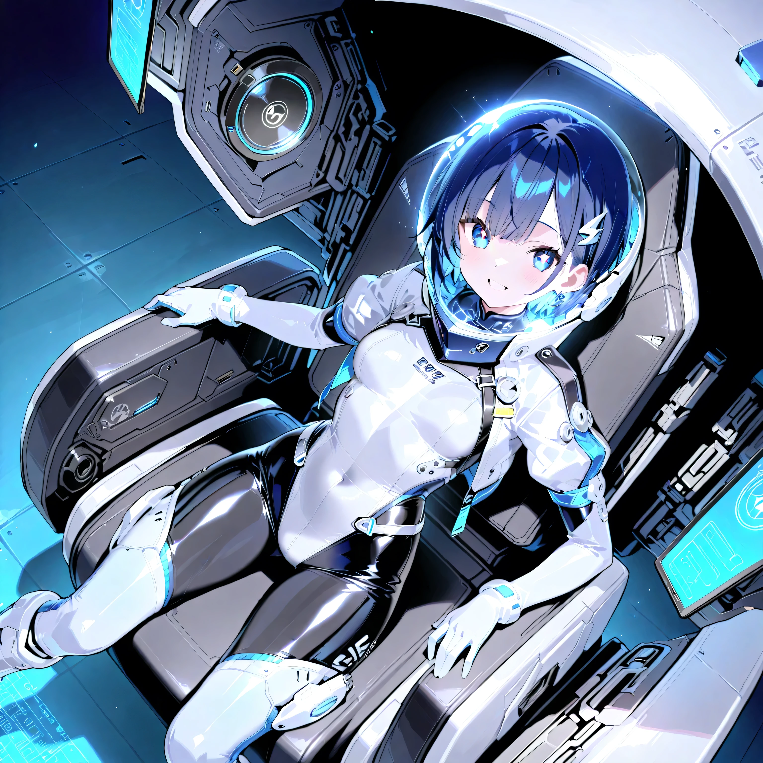 (( holographic glossy effect)),(masterpiece、Best Quality、highest resolution、 clear _ images、 Detailed Details 、 The angle is from above ): (solo、one girl、the face of Japan、Dark Blue Haired Girl 、small breasts、(perfect body:1.4)、 sparkling blue eyes 、( White and Navy Shiny Clothes 、White and navy bodysuit、 White and Navy Blue Tight Clothes 、 Wear White and Navy Full Coverage 、 White and Navy Thigh Covering Pants 、White and Navy Shoulder Cover Outfit、 White and Navy Cropped Jacket 、 White and Navy Shiny Clothes 、dark blue tight-fitting pants that hide legs、 hide skin 、Armor to hide the chest、Biological Amplifiers, Refined Armor, Refined futuristic wartime helmet, )、very delicate and beautiful、detailed skins、slender body、exoskeleton、cute、kind smile、soft expression、Heroine、white and navy blue long hard boots、 elbow length gloves )、Futuristic suspended cockpit with blue glowing line decoration,action,sci-fi,Polished floor、An all-weather screen with intricate graphs showing flight-related parameters