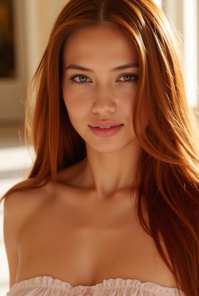 Ultra realistic photo portrait of a straight-haired redhead, North American, without makeup, with some skin blemishes for a realistic touch, exceptionally detailed and meticulous, 4K resolution, high-resolution award-winning photography