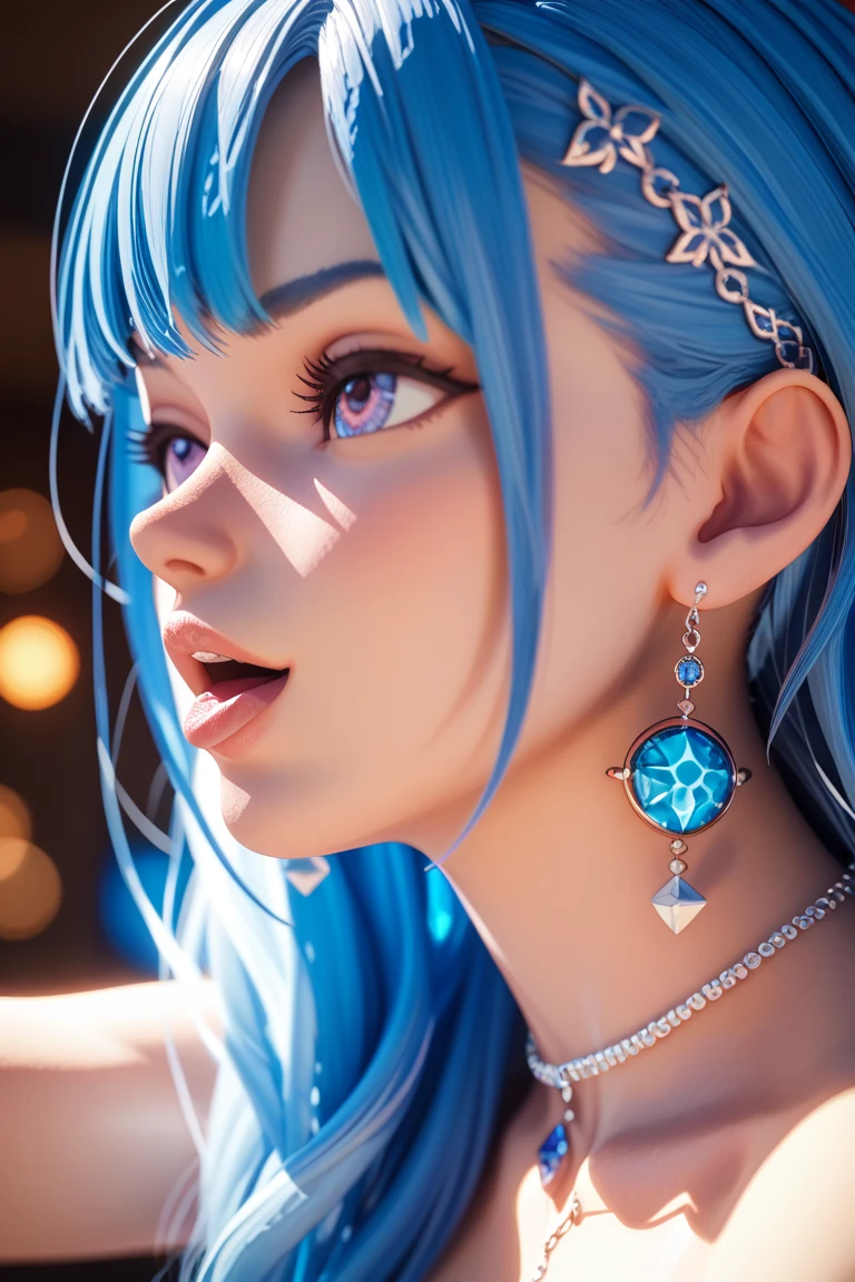 a close up of image of girl with glasses and gold hair and long neck, 1girl, solo, long hair, tinted eyewear, round eyewear, sunglasses, jewelry, hair, bangs,Marinette, blue_eyes, Marinette Dupain-Cheng