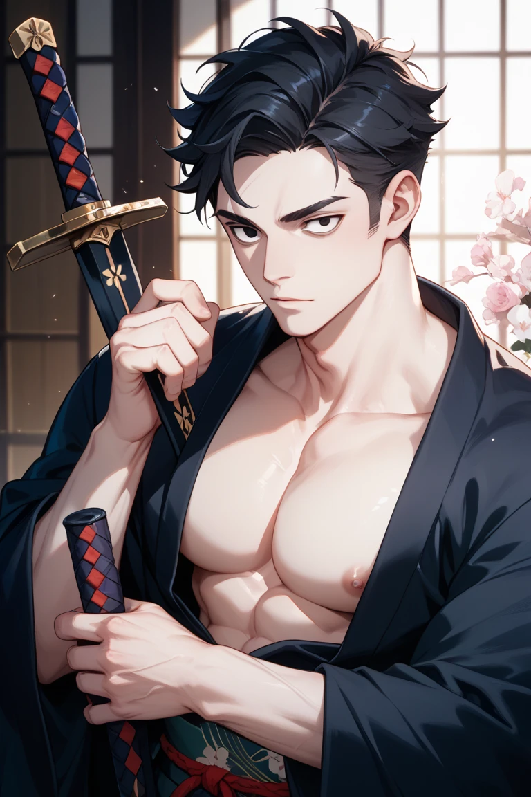 masterpiece, best quality, realistic, 1man, male focus, tall muscular, handsome, [thin eyebrows:0.5], serious, portrait, extremely detailed face, black hair, (short hair), six packs, full body, Japanese, round glasses, relax