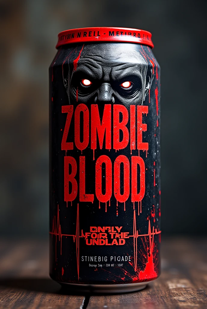 "Design an energy drink can with the brand name 'ZOMBIE BLOOD.' The can should have a dark, horror-inspired aesthetic with a black and red color scheme. The typography should appear distressed, as if clawed or smeared with blood. Incorporate a menacing zombie face with glowing, hollow eyes and decayed flesh, possibly integrated into the text. Add blood splatters and dripping effects for a gruesome touch. The tagline 'Only for the Undead' or 'Revive Your Energy' should be featured in eerie, bold letters. The background should have subtle textures, such as cracked metal, eerie mist, or claw marks. Include a heartbeat monitor line fading out to add an ominous touch. The can lid should be blood red for a dramatic effect."