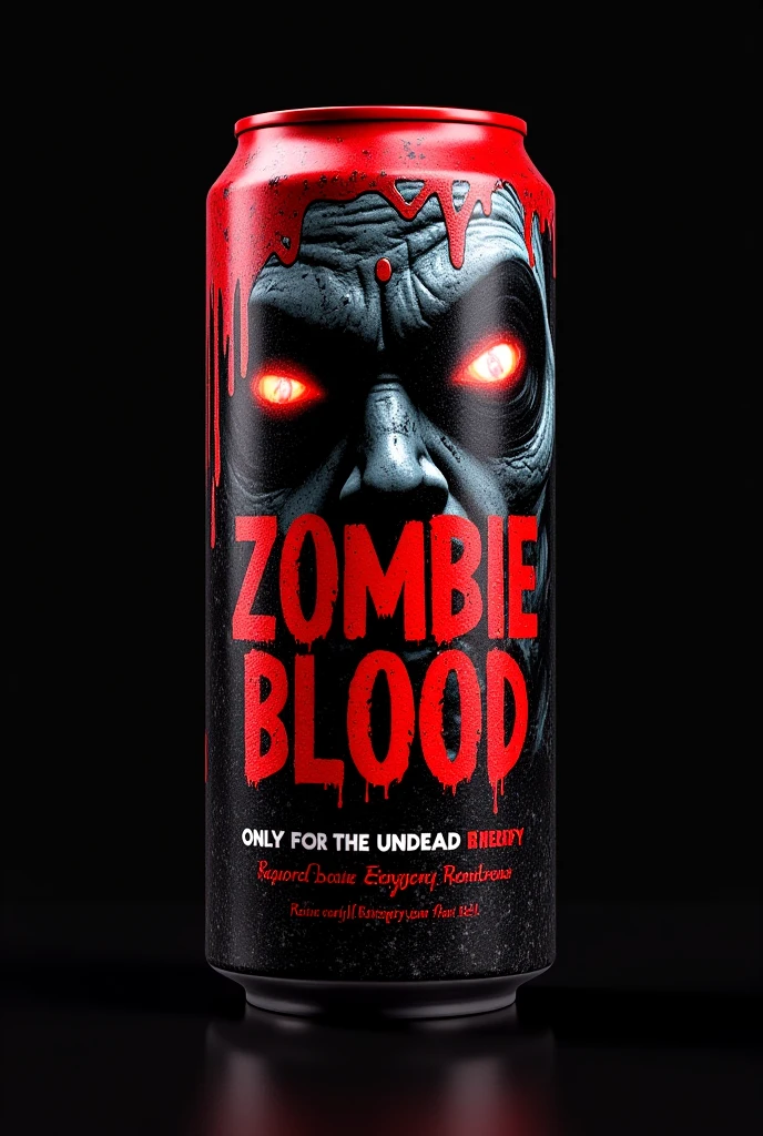 "Design an energy drink can with the brand name 'ZOMBIE BLOOD.' The can should have a dark, horror-inspired aesthetic with a black and red color scheme. The typography should appear distressed, as if clawed or smeared with blood. Incorporate a menacing zombie face with glowing, hollow eyes and decayed flesh, possibly integrated into the text. Add blood splatters and dripping effects for a gruesome touch. The tagline 'Only for the Undead' or 'Revive Your Energy' should be featured in eerie, bold letters. The background should have subtle textures, such as cracked metal, eerie mist, or claw marks. Include a heartbeat monitor line fading out to add an ominous touch. The can lid should be blood red for a dramatic effect."