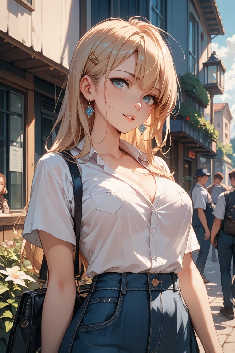 (masterpiece:1.2, top-quality), (realistic, photorealistic:1.4), beautiful illustration, (natural side lighting, movie lighting), 
looking at viewer, cowboy shot, front view:0.6, 1 girl, japanese, high school girl, perfect face, cute and symmetrical face, shiny skin, 
(long hair:1.4, half updo:1.5, blonde hair), hair between eye, dark brown eyes, long eye lasher, (large breasts:0.6, seductive thighs), 
beautiful hair, beautiful face, beautiful detailed eyes, beautiful clavicle, beautiful body, beautiful breasts, beautiful thigh, beautiful legs, beautiful fingers, big breasts, enhance breasts, busty, cleavage, breasts hold, breasts squeeze,
((pink collared shirts, navy pleated skirt)), pink panties, school bag, 
(beautiful scenery), evening, riverside, jumping, (lovely smile, upper eyes), 