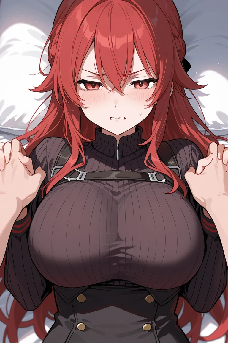 score_9, score_8_up, score_7_up, source_anime, illustration, BREAK 1girl, solo,(close up breasts:1.4),,wet skin,nikkeredhood, red hair, long hair, headgear, yellow eyes, red scarf, crop jacket, red jacket, black shrug \(clothing\), midriff, zipper, cleavage, large breasts, suspenders, fingerless gloves, room, indoors, looking up, lying, lying on bed, hand on stomach, hands on own stomach, bed, disgusting face, closed mouth, serious, navel, closed eyes,