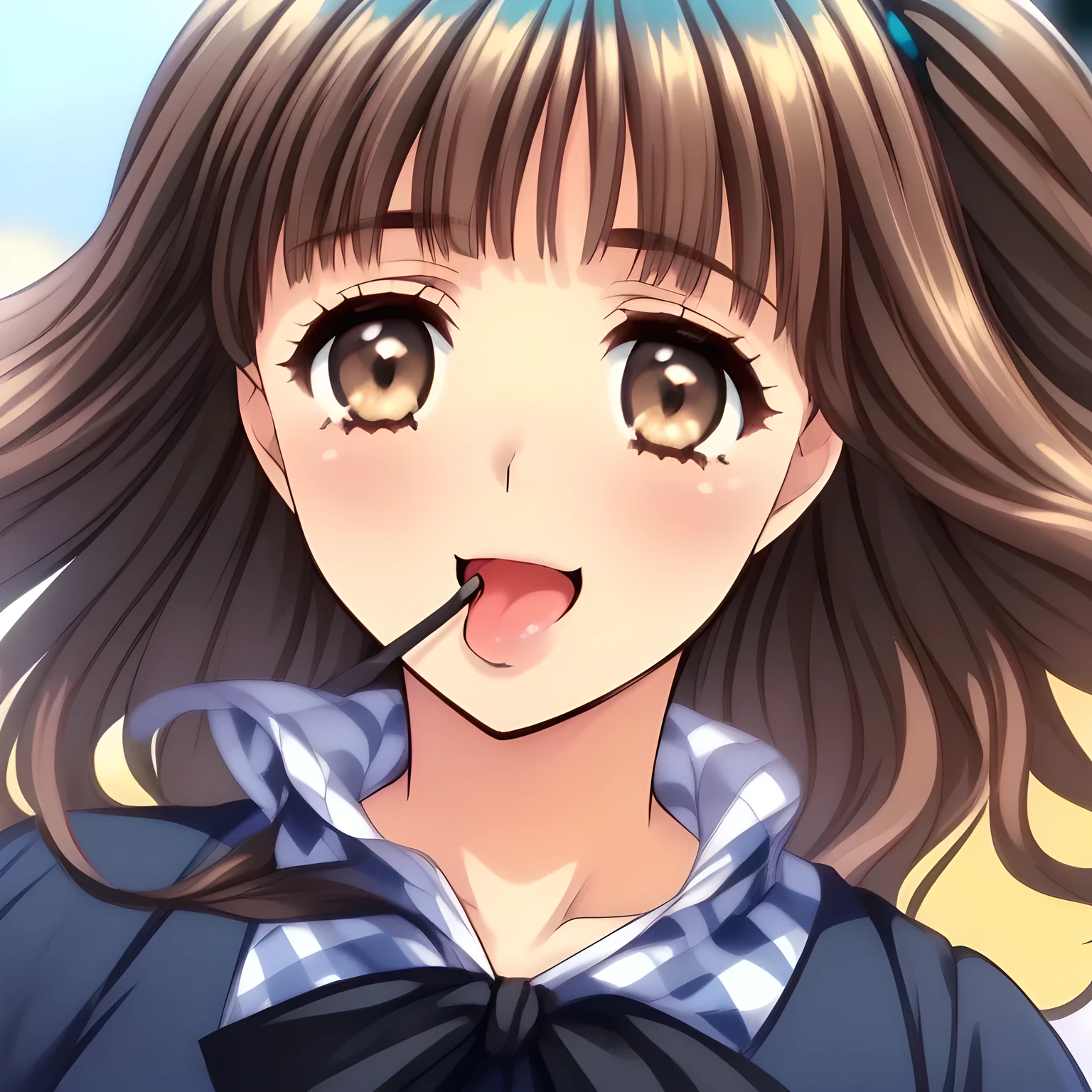 (highest quality, masterpiece:1.2), highest quality, High resolution, 1080p, 8K, (A 20yo beautiful pretty noble succubus of (love-story comic heroines) is ((pulling the viewer's straight engorged lewd one nobly into her mouth)), hypnotizing me by their neat beauty, Forcibly extracting everything from the viewer, (intelligent and perfectly balanced slender style), (long neck), neat & clean, lovely strong charm, cutely tilted head: 1.8), (Too noble beautiful lady like a love-story comic heroine), very noble, pretty and pure beautiful girls. ((neat innocent ears)), ((white grown face)), Using expensive whitening cosmetics by cosmetics artist: 1.2), Glossy lips, (curled) bangs, (Too beautiful blue fascinating shiny (double-lidded) (brown eyes) with love to the viewer, ((deep upper girly eyelid)), ((huge eye pupils)), laughing with detailed clearly: 1.5), (((Dark blue vest school uniform)), (Neat smart (white school blouse))): 1.8), (A very neat, ((realistic), (dark-blue) pleated blue school (beautifully checkered) skirt): 1.6), (too pretty shiny big (red realistic school ribbon tie)): 1.5), (Shiny love-story heroine lips, extremely laughing open mouth: 1.0), ((amazingly beautiful black bobbed wavy hair is blowing in the wind: 1.5)), (Huge (Hair Ribbon) ties (black hair), The ribbon is big and very pretty: 1.2), (Tight waist, slender, small face: 1.5), (The viewer can't stop submitting everything white inside him to her body and face: 1.8), (The lady knows well about the viewer's super fetishism for school uniforms, and satisfies it completely in the viewer's lewd dream: 1.7), (Gorgeous atmosphere In a train limited for beautiful girls bound for girl's school directly early in the morning: 1.5), (Everything is organized to have strong effect of hypnosis for the viewer to fall into happy dream with many beautiful girls: 1.5), (The viewer must be transferred to the world of only beautiful girls right now when he sees the eyes of girls in this picture: 2)