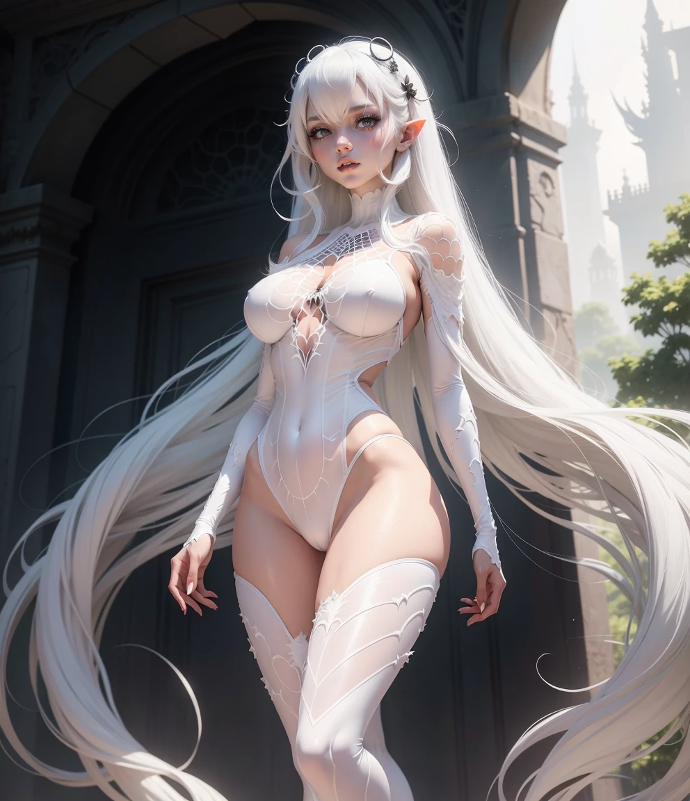 (lace, lace-trim, white elbow gloves, white bow bra, white thighhighs, bare shoulders, thighs, underwear only, bow panties, white choker, g-string, thong:1.4), cleavage, (orange eyes, long white hair, swept bangs, messy hair:1.4), (pink lips, hair flower, pink flower, makeup:1.2), 1girl, thigh gap, ((outdoors, hills, grass, leaves, blue sky, sun, flowers)), (arms by side1.2), (((white garter straps, white garter belt:1.2))), (white skin)