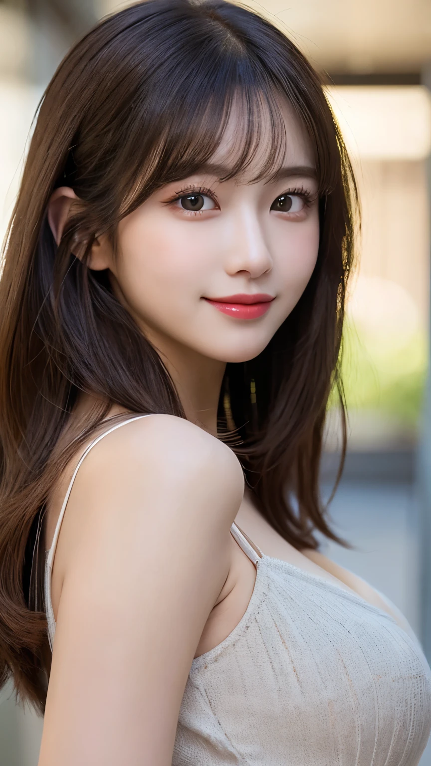 Body portrait, 8K, thin and beautiful eyes, Dindal effect, masterpiece, top quality, high quality, high resolution, very detailed photo, (natural skin texture, fine skin, hyper realism, super sharpness), high detail skin, (very fine, fine skin texture, intricate details, beautiful face, (realistic face), realistic eyes, beautifully detailed eyes, realistic skin, beautiful skin, surreal, very detailed Golden ratio, smiling eyes, ((night moonlight background) )), body portrait, G cup, big breasts, huge breasts, big breasts, glamorous, sexy knit dress,