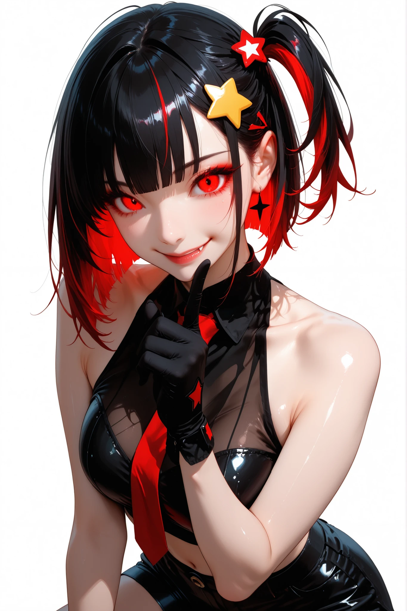 woman、one side up hair、transparent_background、sexy、sleeveless cut and sew、shorts、Red color eyes、Red highlight hair、black color hair、tie、blazer、smile、shiny hair、star shaped hair pin、peace sign、colored_eyelashes、sharp eyes、supright straddle、back、wearing elegant gloves、her index finger extended in a ‘shh’ gesture、全裸