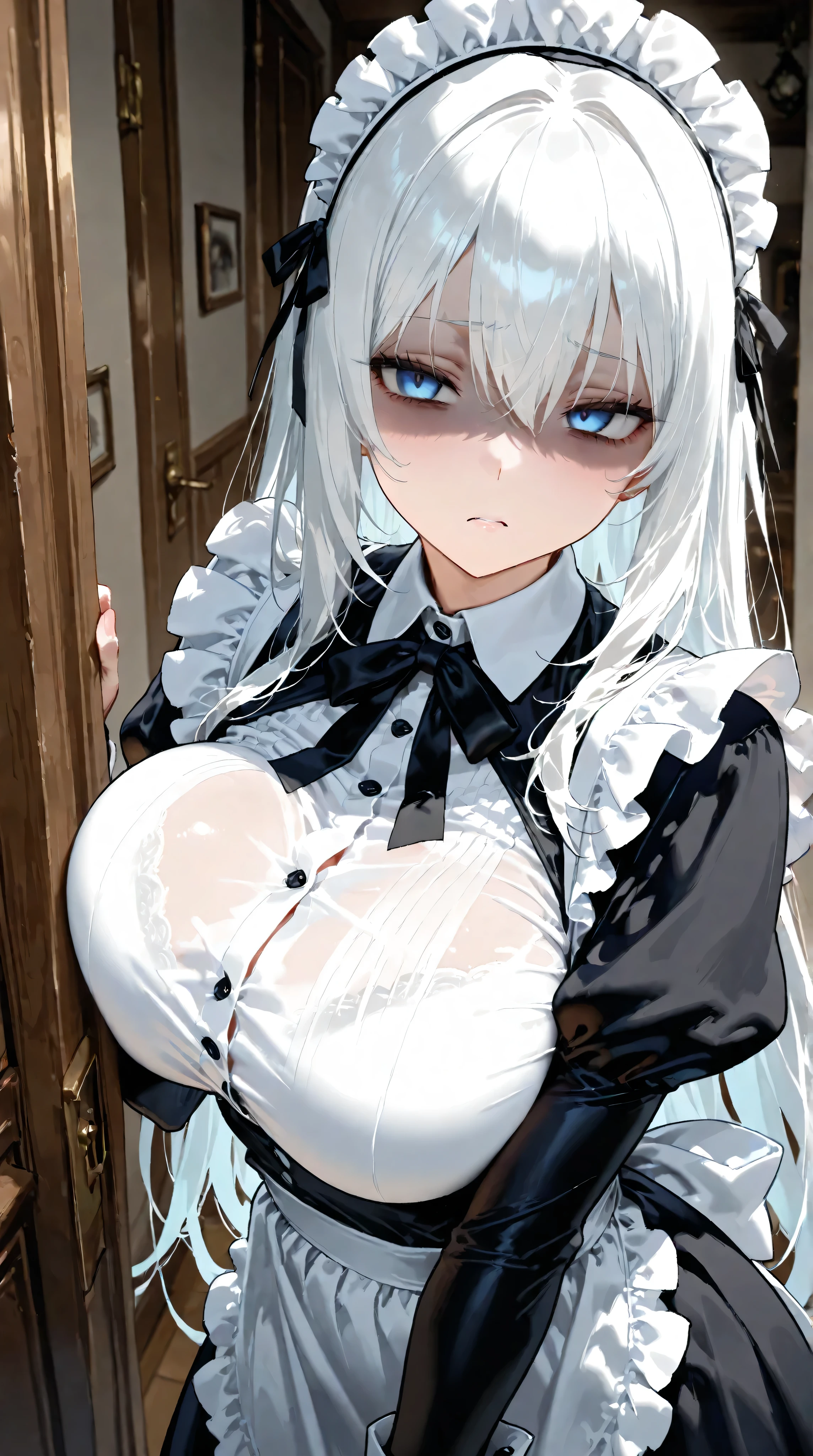 white long hair ,blue eyes,has very big breasts,Inside the house, maid's suit,has a seductive body,Disgust ,contempt,Staring at,have a dark expression