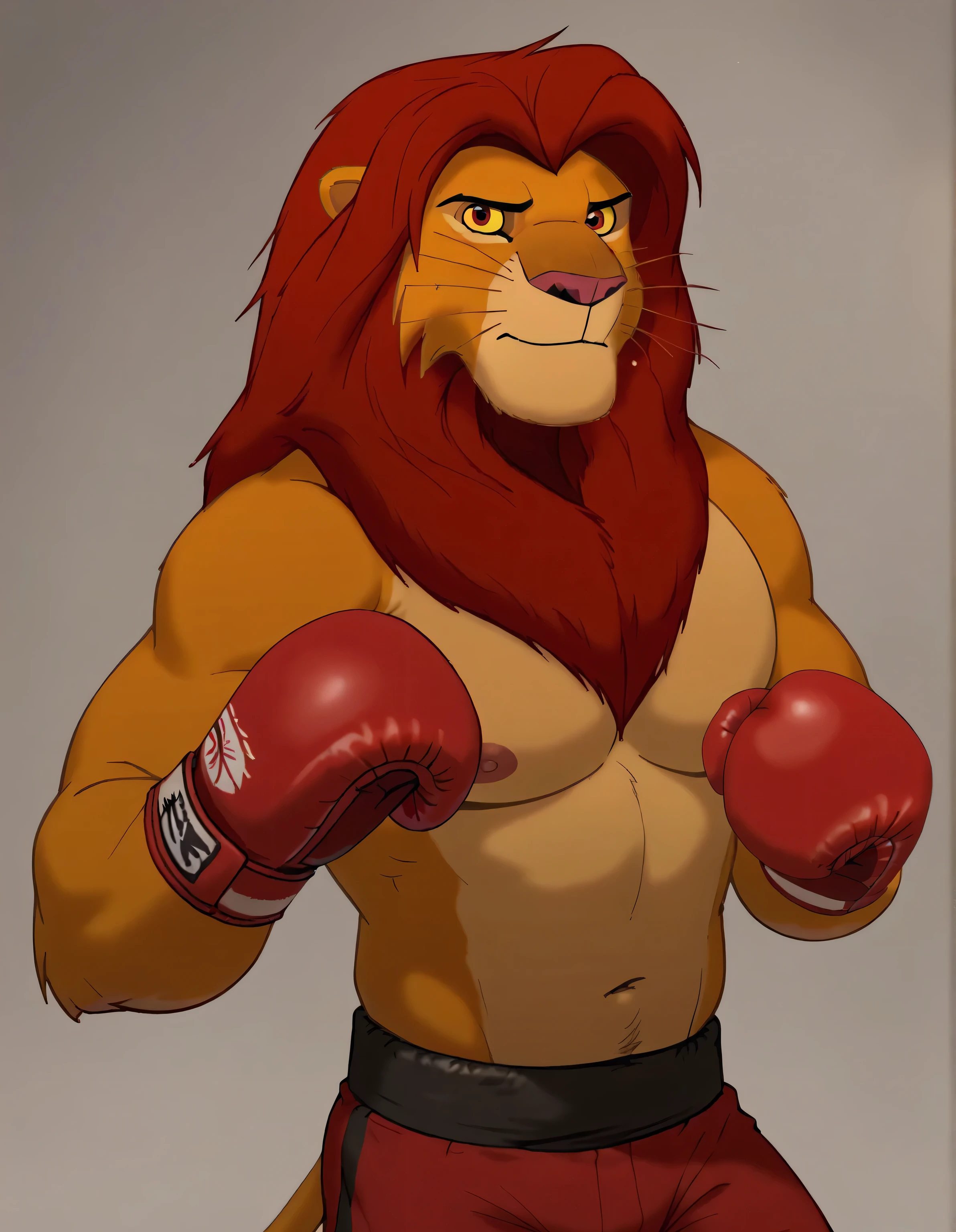 (simba:1.2, lion), red mane, red hair, light brownish gold fur, male, brown eyes, yellow sclera, very muscular, thick arms, big body, shirtless, nipples, boxing gloves, boxing trunks, simple background, pov_boxing, anthro body, looking at viewer,