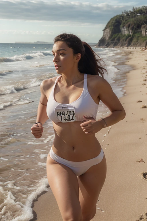 (La mejor calidad,4k,8k,Altas Resoluciones,Obra maestra:1.2),Ultra detallado,(realista,photorealista,photo-realista:1.37),Bella Thorme running in a very small white bikini on the street,插圖,Retratos,vivid colors,intense illumination